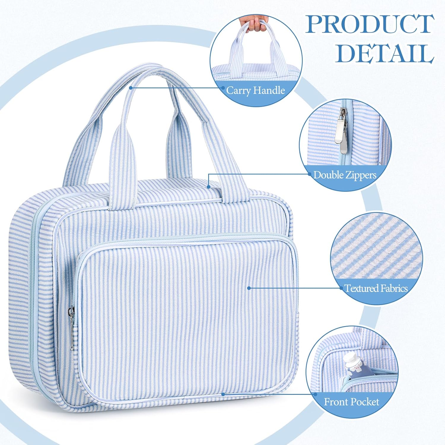 Hanging Toiletry Bag for Women with Detachable Pouch, Travel Toiletry Bag, Travel Size Toiletries, Cosmetic Bags, Seersucker Makeup Bags Gifts for Her Mom Girlfriend Wife Teacher(Blue) - Image 3