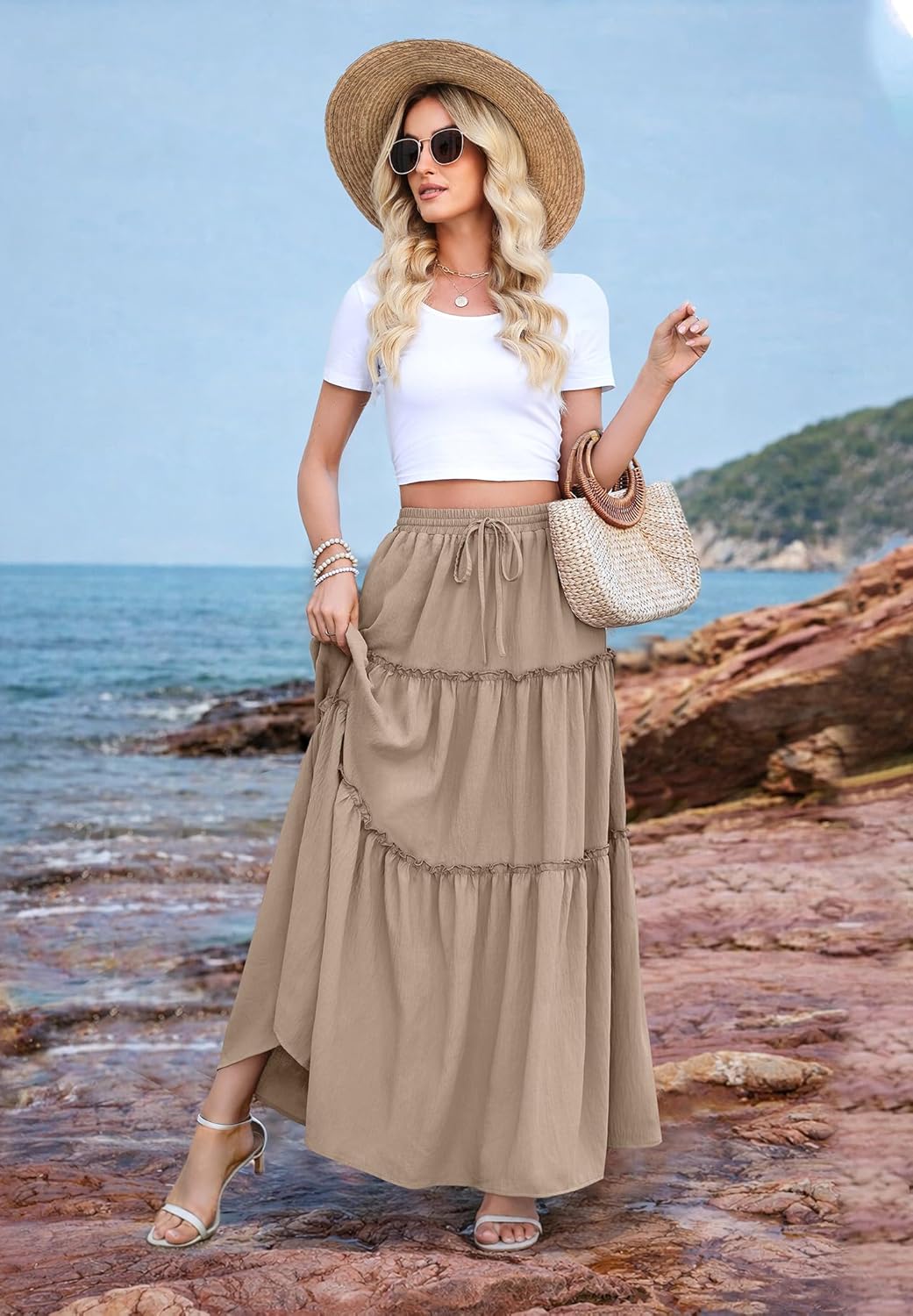 WEACZZY Womens Casual High Waisted A-Line Maxi Skirts Trendy Flowy Layered Pleated Long Skirt with Pockets - Image 3
