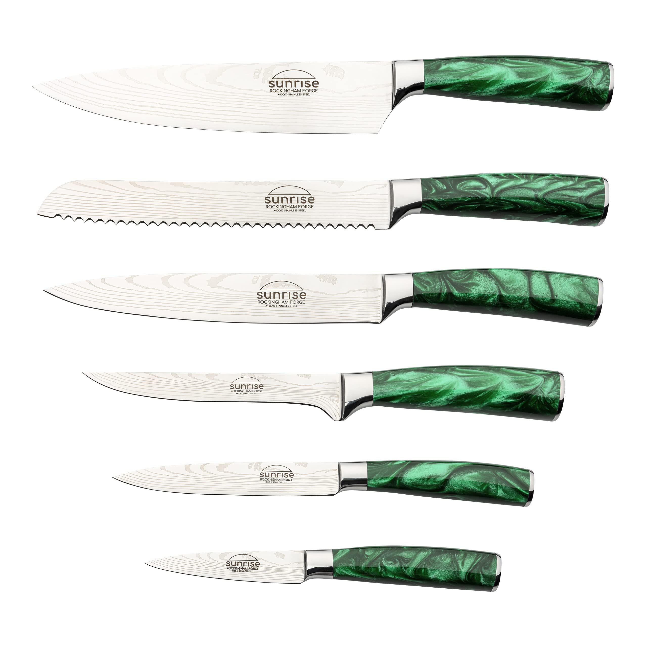 Rockingham Forge Juego de Cuchillos de Cocina de 7 Piezas, Serie Sunrise, Hoja de Acero Inoxidable con Mangos de Resina, Verde Esmeralda, RF-2160/7GN