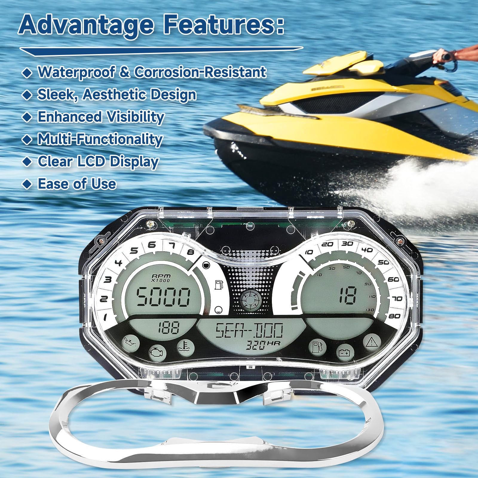 278002270 - Tachimetro LCD digitale per Jet Ski con cluster di strumenti per Seadoo GTX RXP RXT Wake 278002328 278002326 278002319 278002317 con 278002144 Cornice cromata