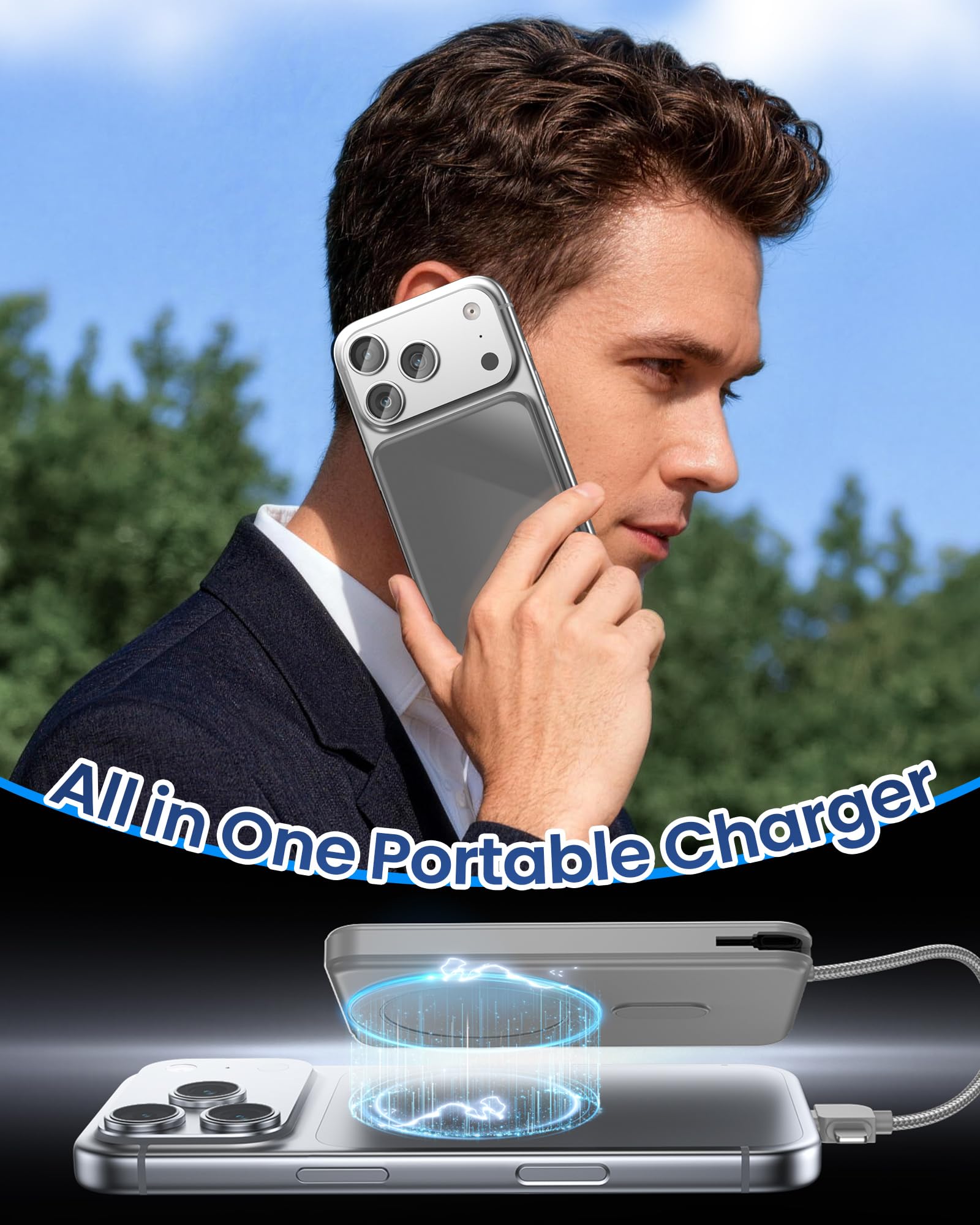golioklsy Cargador portátil, cargador de teléfono de 10000 mAh con cable integrado, carga rápida PD de 20 W, paquete de batería delgado con pantalla LED, esencial de viaje para iPhone 17/16/15/14