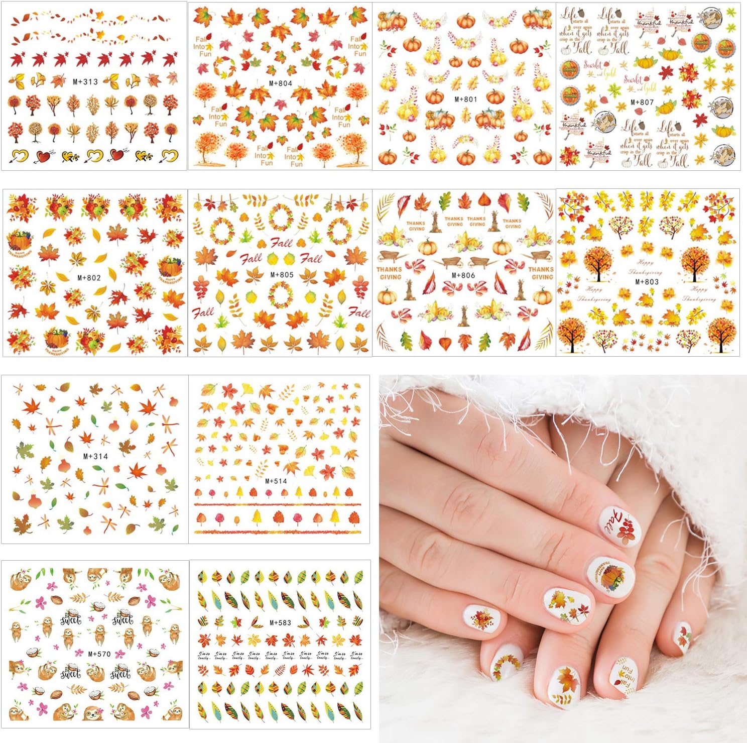Whaline 12 Sheet Nail Art Tattoo Stickers Maple Leaves Water Transfer Decals 720Pcs Self-Adhesive Stickers Harvest Pumpkin for Women Girls DIY Autumn Thanksgiving Day, 12 Sheets