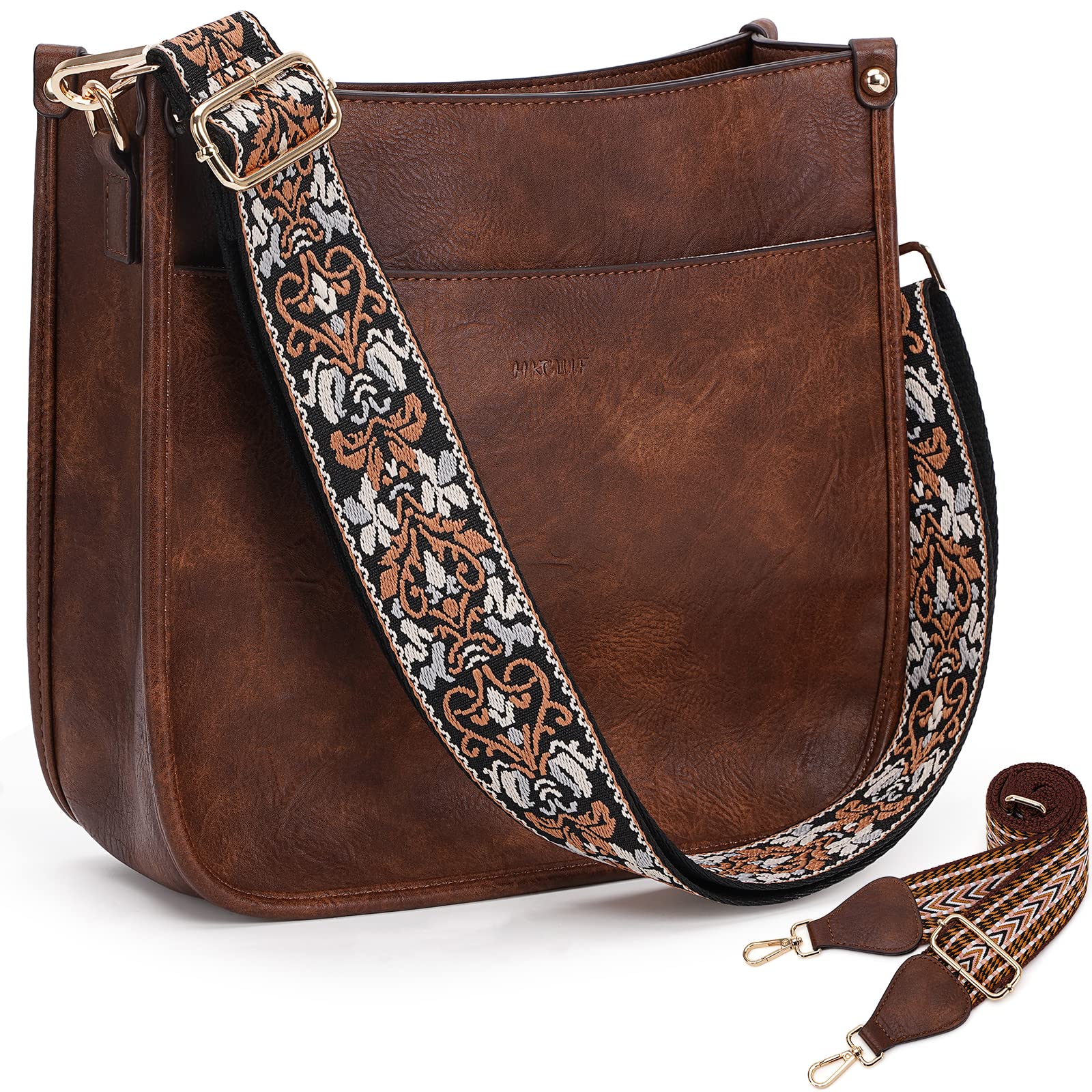 HKCLUFCrossbody Bags for Women Trendy Vegan Leather Hobo Handbags With 2PCS Adjustable Guitar Strap Shoulder Bucket Bags