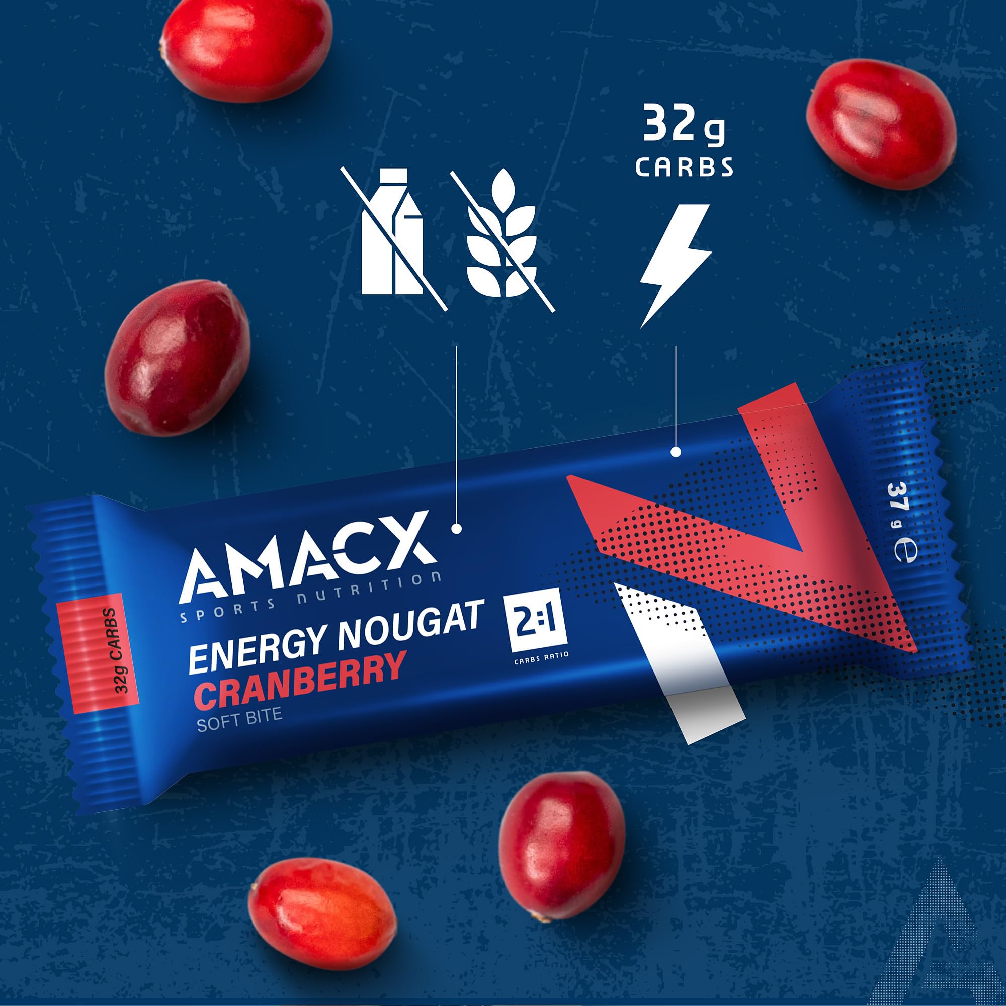 AMACX Energy Bar Nougat e Frutta – Barrette Energetiche Ciclismo e Corsa – 32g Carboidrati – Confezione da 12 – Barrette Fitness per Atleti con proteine – Mirtillo Rosso