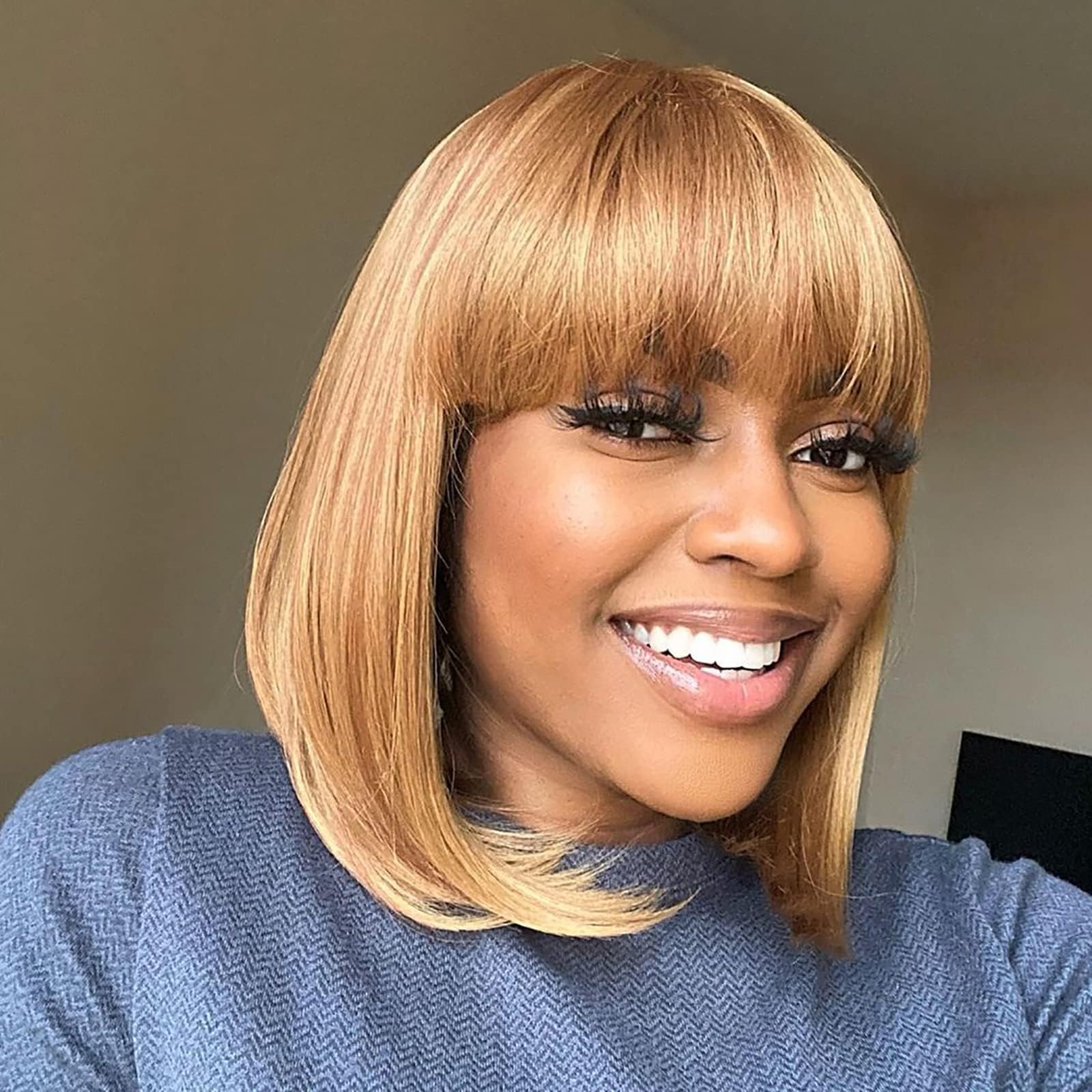 ToyoTress Short Bob Wigs With Bangs - 12 Inch Blonde Mix Brown Yaki Straight Hair Daily Costume Wig For Black Women, Soft Light Synthetic Hair