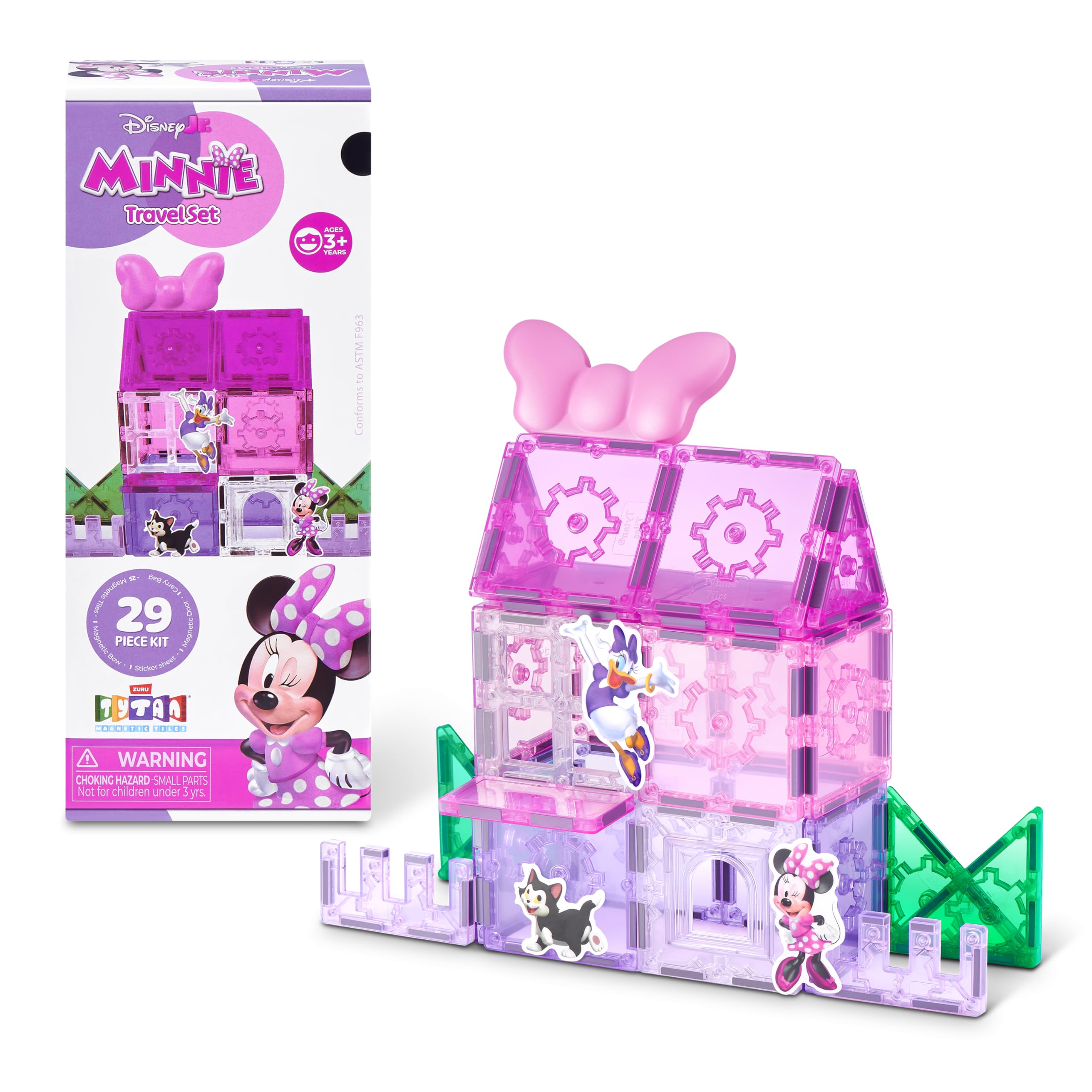 Official Disney Junior Minnie Mouse TYTAN Magnetic Tile Travel Set by ZURU – 28-Piece Portable Building Kit with Strong Snap-Fit Tiles for 2D and 3D Play, STEM Learning Toy for Kids Ages 3+ by ZURU