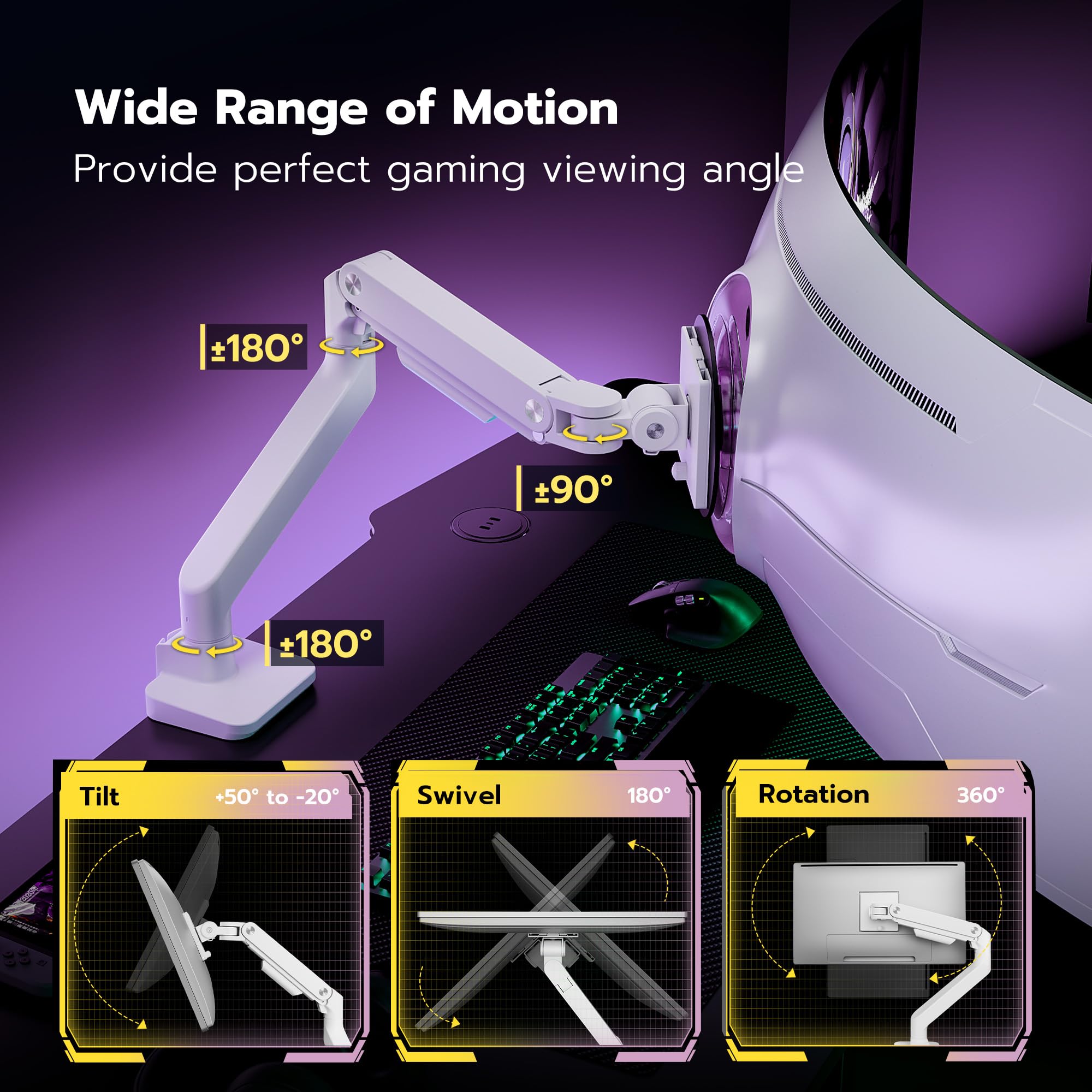 ARES WING Supporto per monitor da 17-49 pollici, fino a 20 kg, bianco | Ultrawide - Supporto da tavolo con molla a gas per monitor piatti e curvi, regolabile in altezza, guida cavi, VESA 75/100 mm