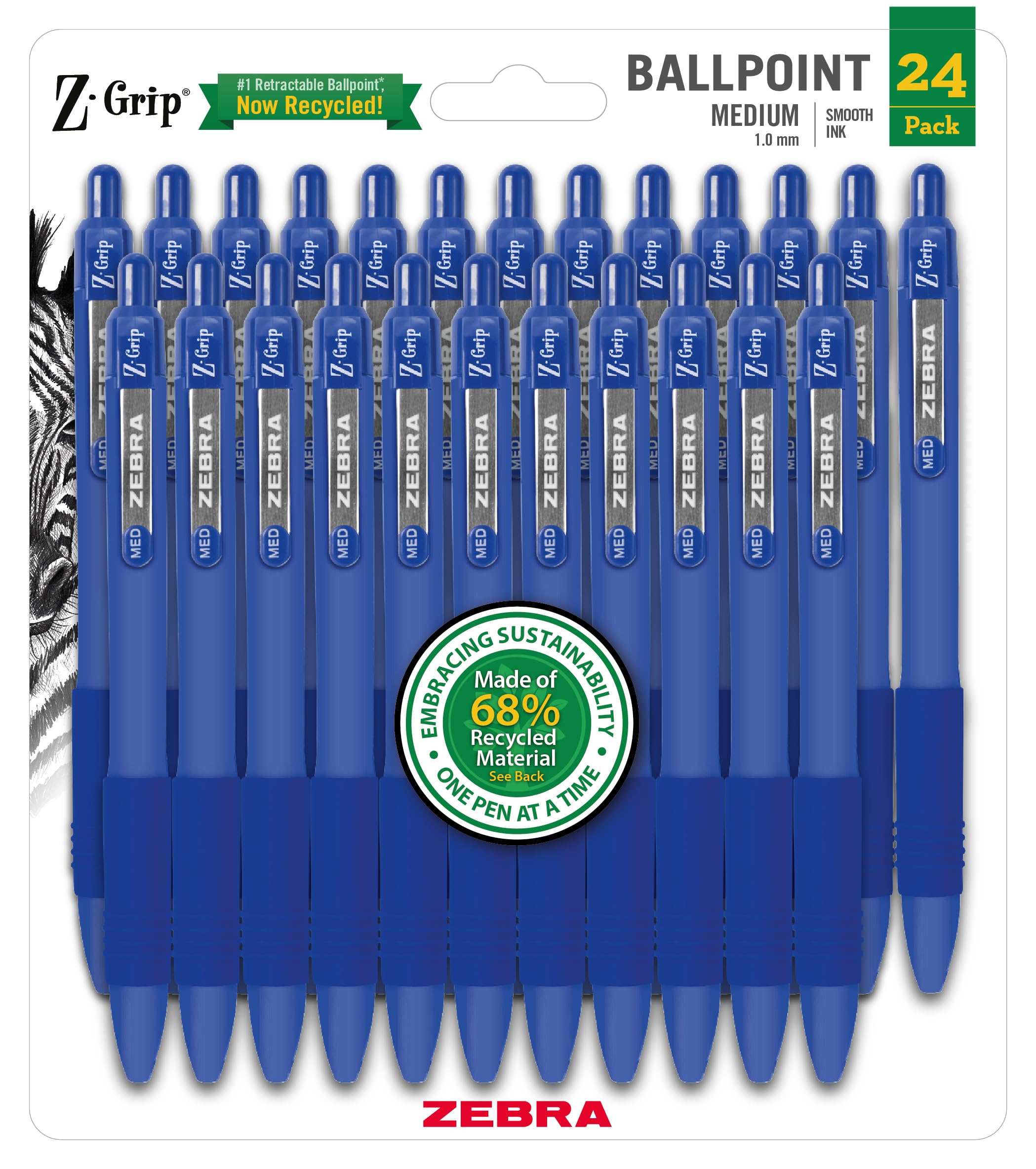 Zebra Pen Z-Grip Recycled Retractable Ballpoint Pens, 1.0mm, Blue Ink, Durable Metal Clip, 68% Recycled (GRS Certified Global Recycled Standards),