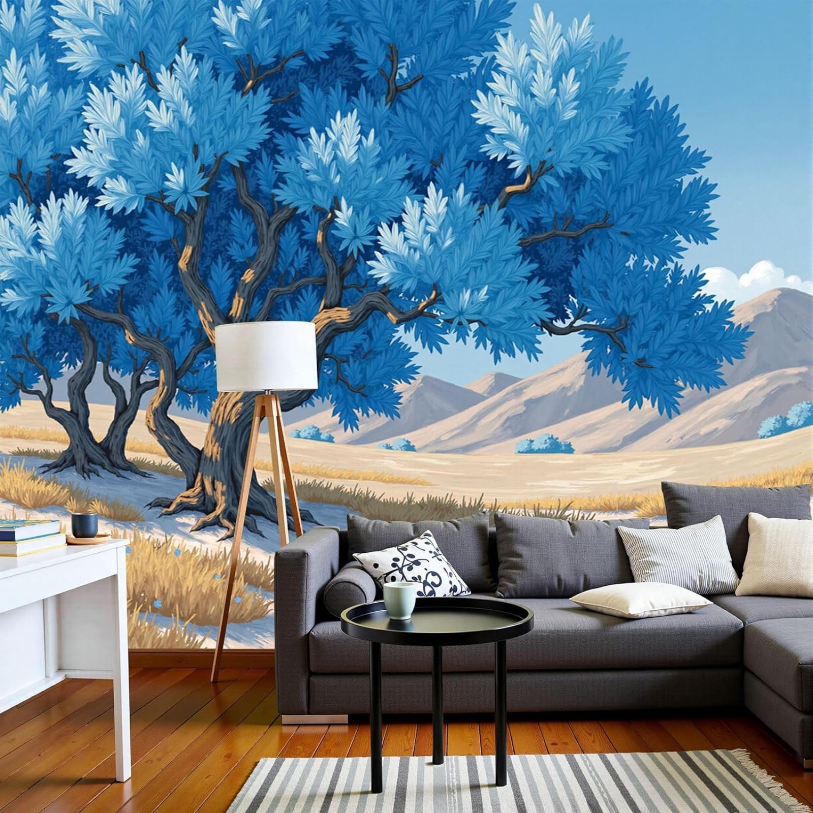 3D Effect Photo Wallpaper, Minimalist Botanical Non-woven Poster, Cartoon Trees, XXL Non-woven Wallpaper, Blue, Living Room, Bedroom, Picture Wallpaper, 430cm x 300cm, Stickers - Frameless Painting -