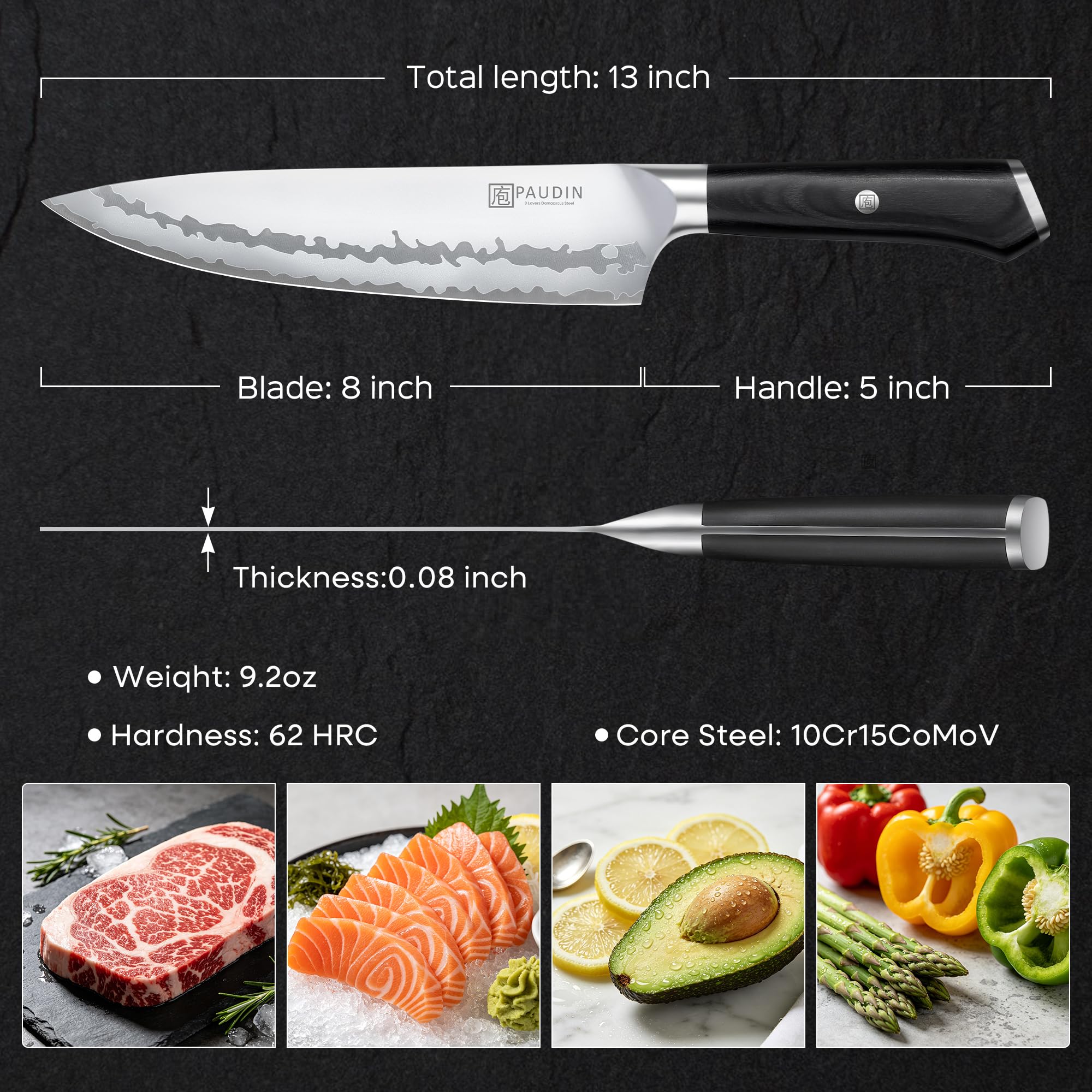 PAUDIN Chef Knife 8 Inch, Ultra Sharp Kitchen Knife 62 HRC, 9-Layer High Carbon Steel Professional Chefs Knife with Full Tang Ergonomic Wood Handle, Meat Vegetable Slicing Knife,Gift for Men Women — Amazon image 4