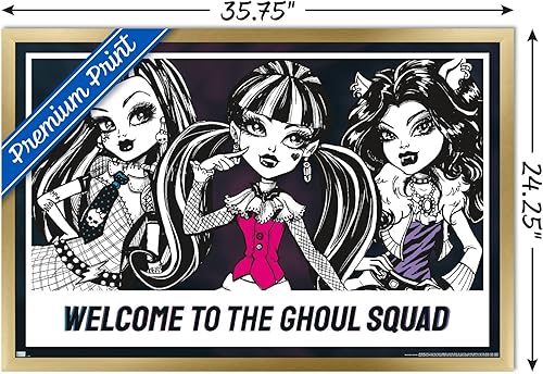 Vista 3 de Trends International Mattel Monster High - Póster de pared de Ghoul Squad, 22.375 x 34 pulgadas, versión enmarcada dorada Versión enmarcada Barnwood