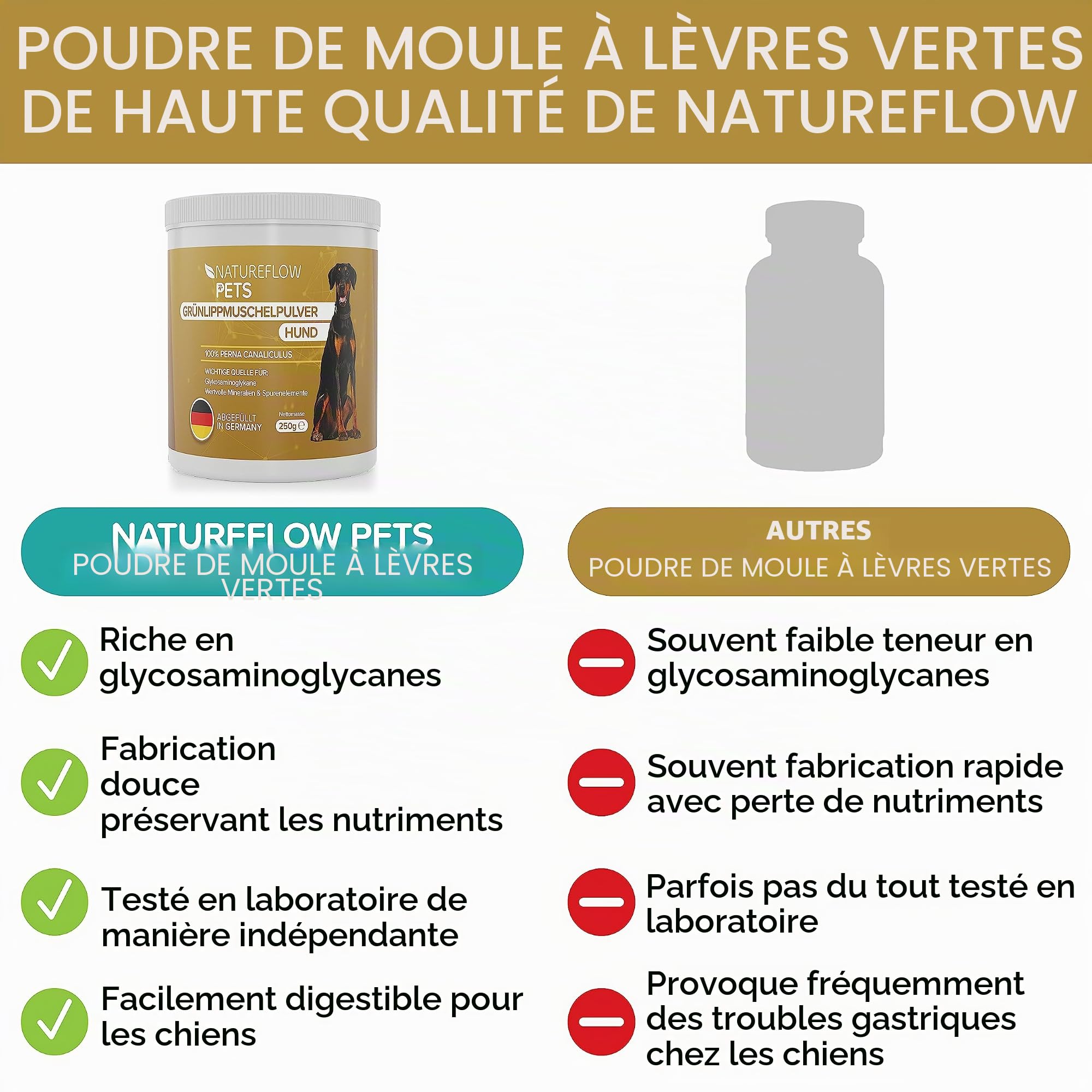 NATUREFLOW Supplément nutritionnel pour chiens à base de moule aux oreilles vertes - 250g de poudre naturelle de moule aux oreilles vertes pour chiens - Soutien de la fonction articulaire - Moule aux