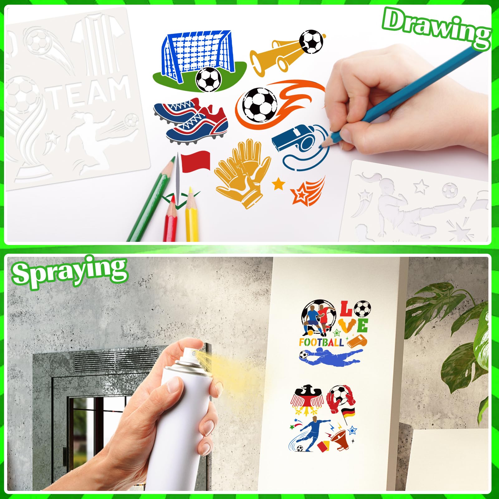 DPKOW 16 x Deportes Fútbol Plantillas para Dibujo, Futbol Deportes Plantillas para Pintar Fútbol Álbumes de Recortes en Madera/Lienzo/Pared/Cara/Papel/Hogar/Suelo, Mundial Eurocopa Manualidades - 4