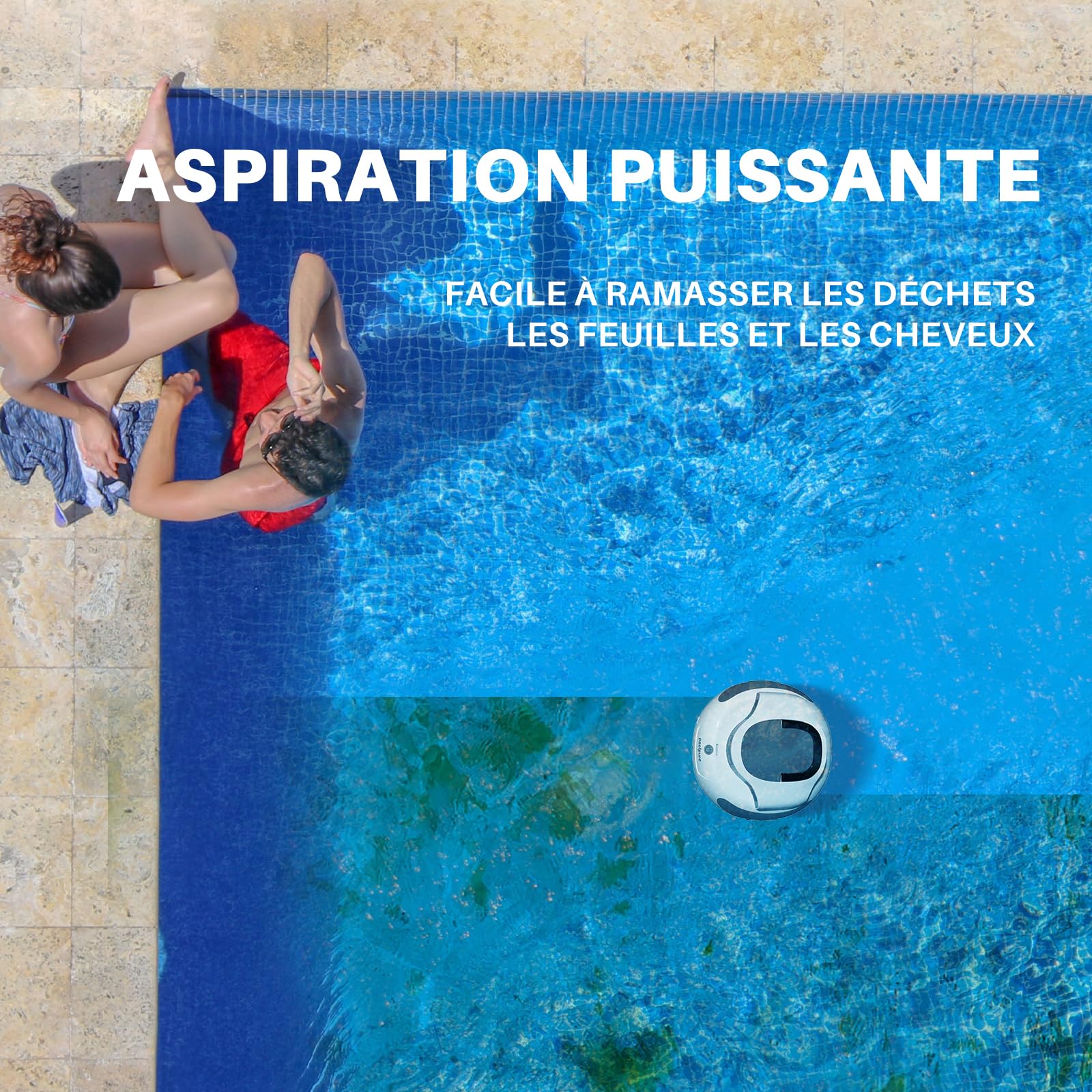 POOLPURE Aspirateur de Piscine, 5000 mAh, Double Moteur - Indicateurs LED - Fonction Auto-stationnement - IPX8 - Robot de Piscine sans Fil pour piscines, pour Piscine Plate Max 90㎡,Blanc