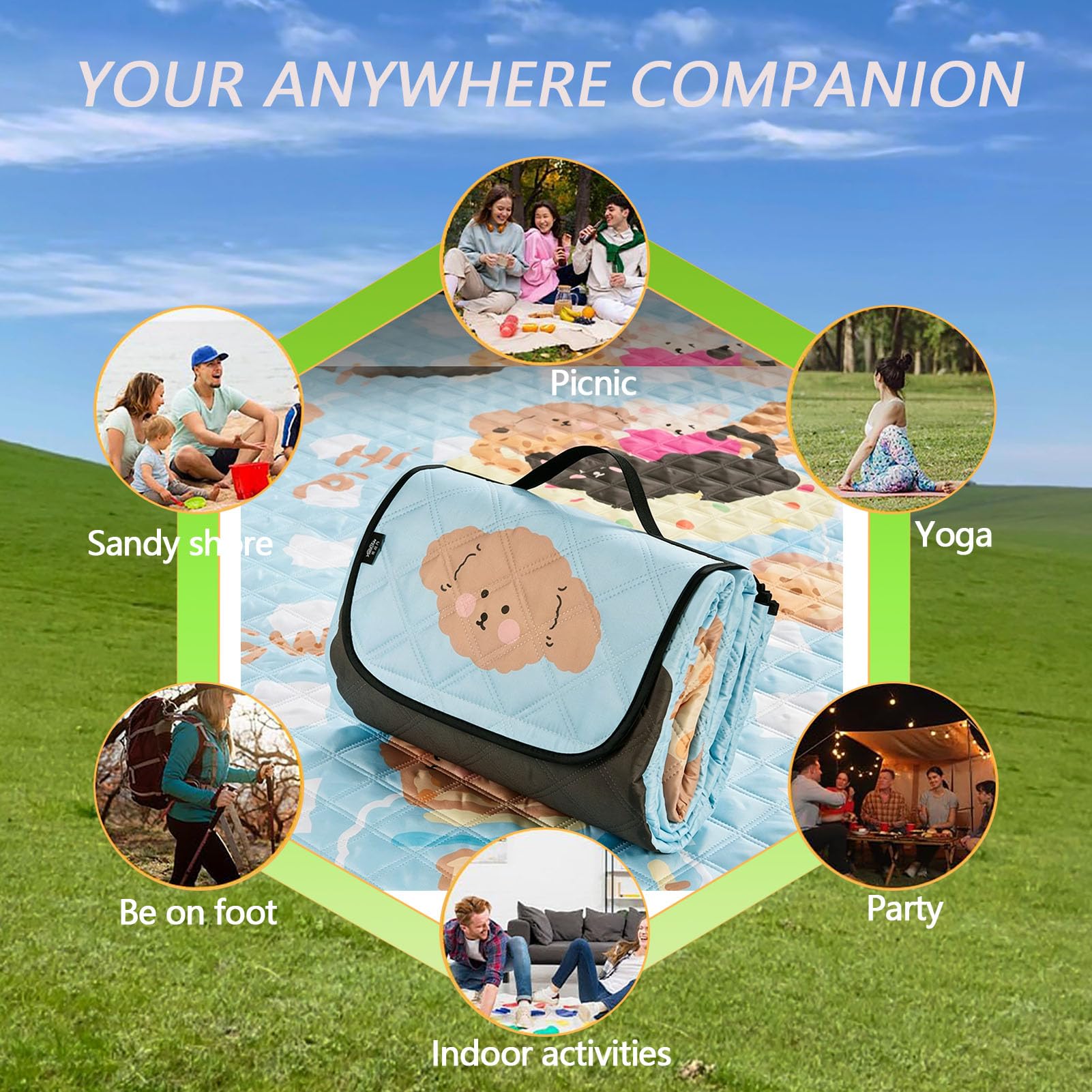 Telo da Picnic Portatile Impermeabile, Tappeto Spiaggia Antisabbia con Maniglia, Pieghevole e Lavabile, per Campeggio, Spiaggia, Escursionismo, Riutilizzabile,Blu,200×200cm