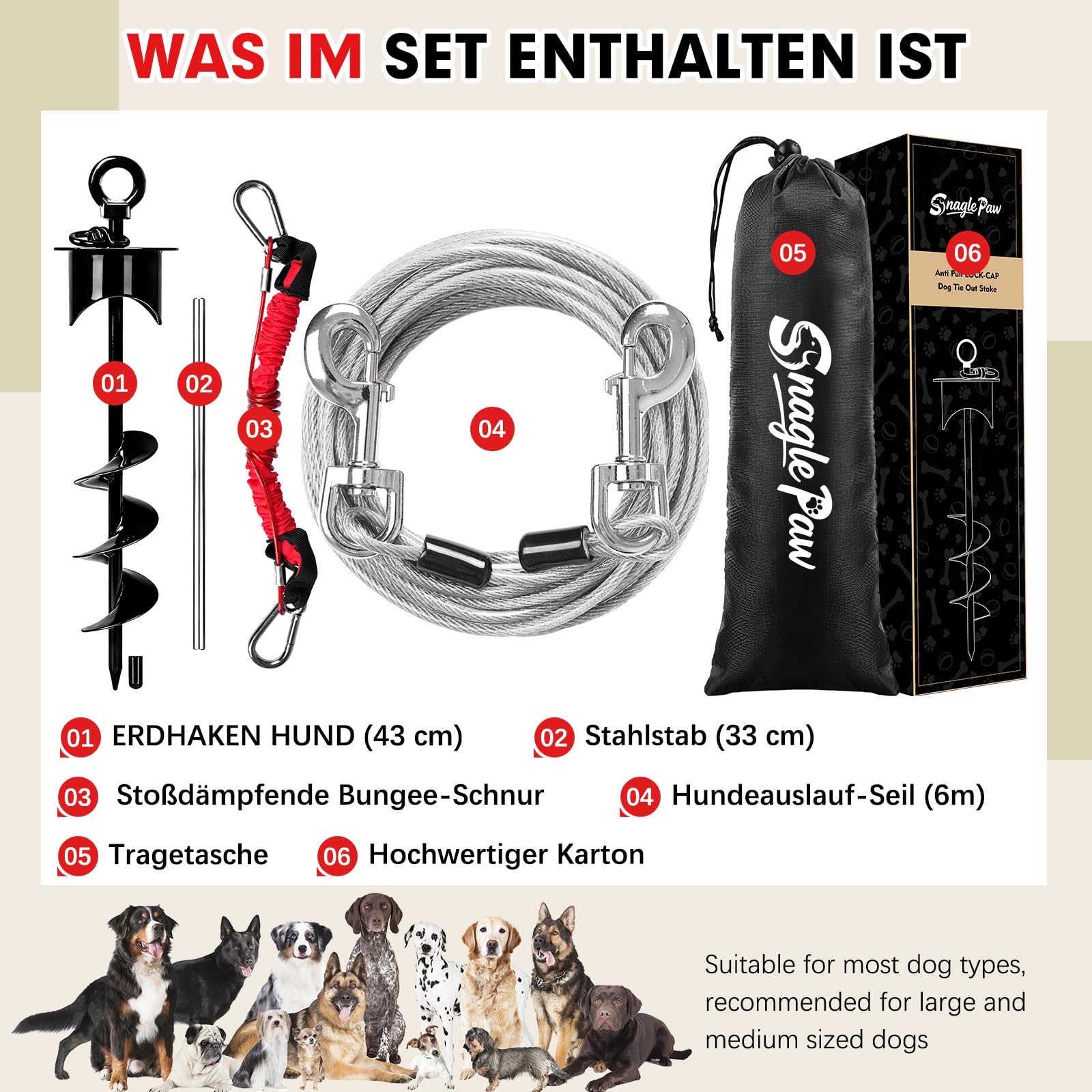 Snagle Paw Bodenanker für Hunde mit Lock-Cap, 6M Leine with Erdanker für Außen/Garten/Camping mit Stoßdämpfender Bungee-Leine, 360°drehbarer Rostfreier Bodenanker für Leinen, Ketten bis 360 lbs