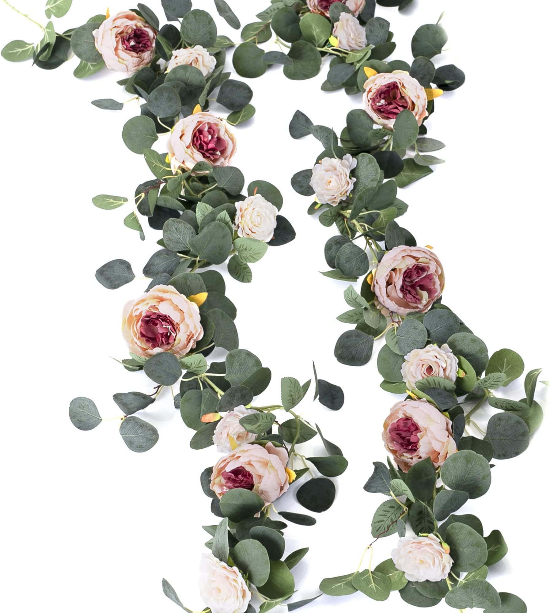 2pcs Artificial Flowers Garland Spring Eucalyptus Garland Vintage Fake Flower Peony Rose Vine Greenery Decorative Wall Hanging Plant for Wedding Arch Door Arrangement Party Decor