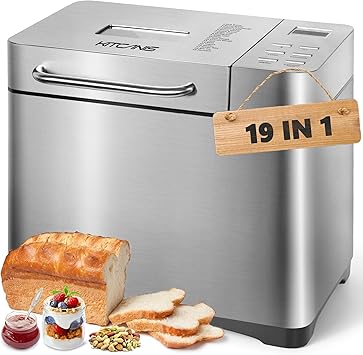 Bread Maker Machine KITCANIS, 2.2LB Stainless Steel Bread Machine, 15H Timer&1H Keep Warm, Sourdough, Gluten-Free, Dough Maker, Bread Making Machine with Nonstick Pan, Recipes, 650W
