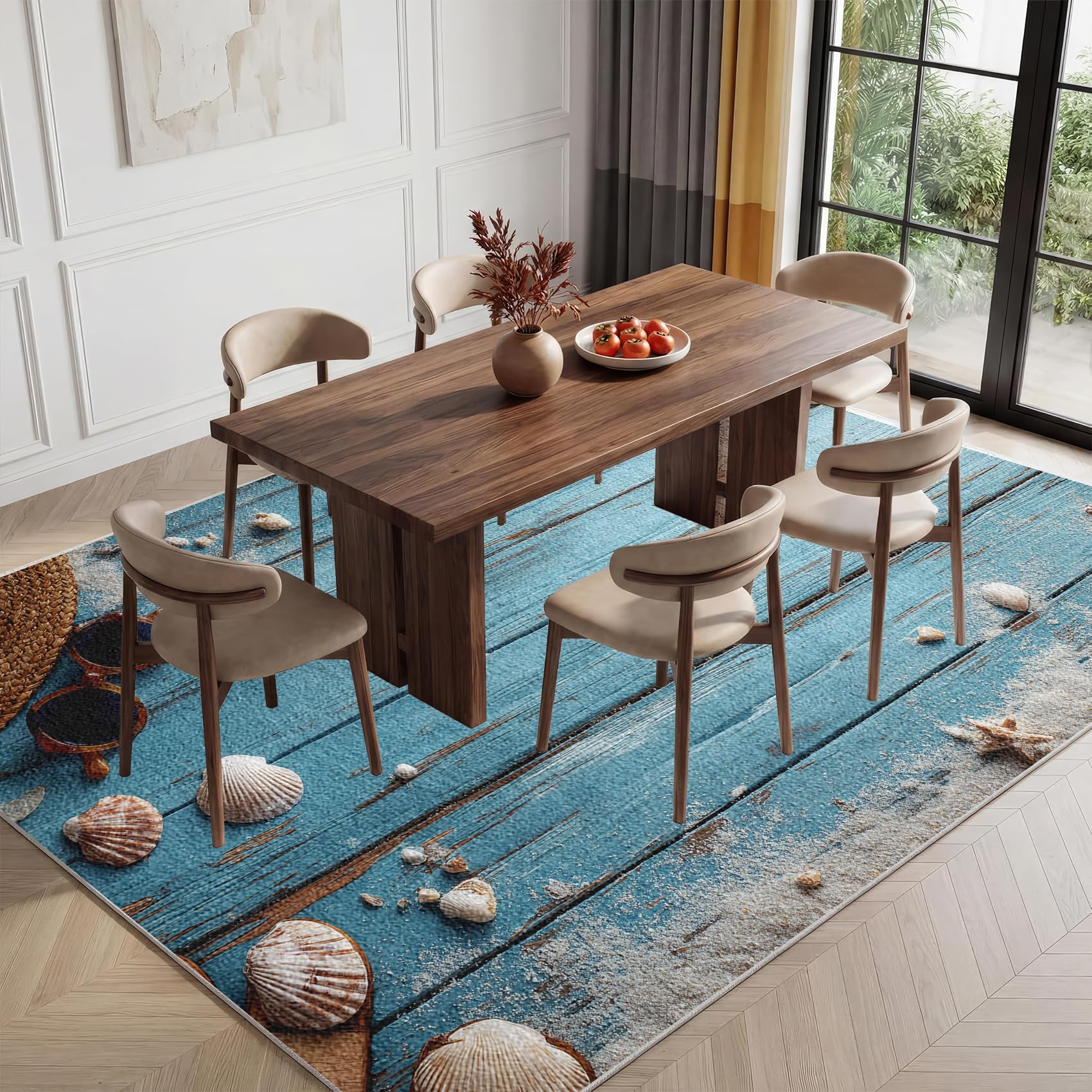 Grain de Bois Sarcelle Paillasson Interieur 60x90 cm, Tapis d'entrée Étoile De Mer Lavable en Machine, Côtier Plage Tapis de Porte Antidérapant à Poils Ras pour Couloir, Cuisine, Salle de Bain, 1J19t