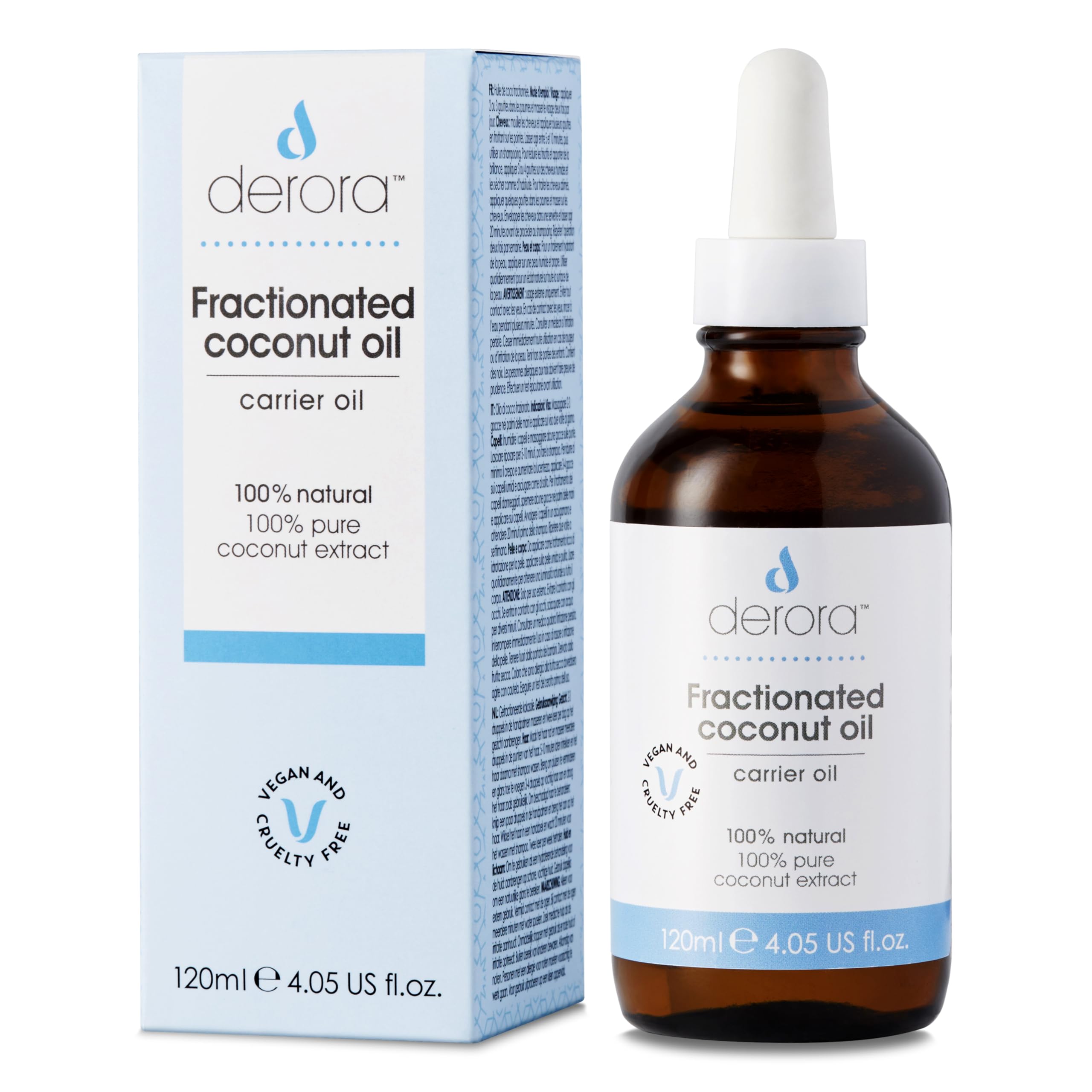 Derora Aceite de coco fraccionado | Nutre la piel, el cabello y las uñas | 100% puro y natural | Rico en antioxidantes y vitamina A, C y E | Vegano y sin crueldad (120ml)