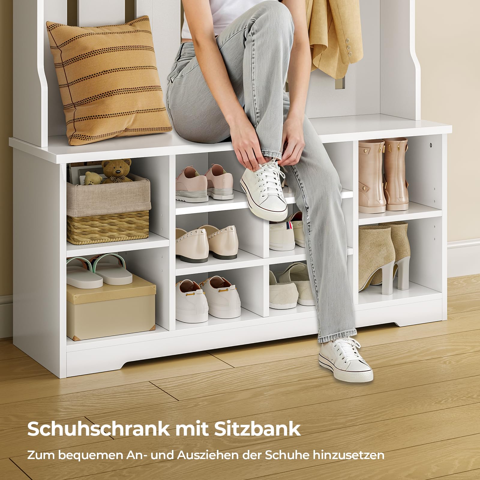 AOGLLATI Garderobenständer mit Schuhbank,Garderoben-Set mit 8 Doppelhaken & Offenem Stauraum, Flurgarderobe Set Kompaktgarderobe mit Schuhschrank für Eingangsbereich Schlafzimmer Wohnzimmer(Weiß)