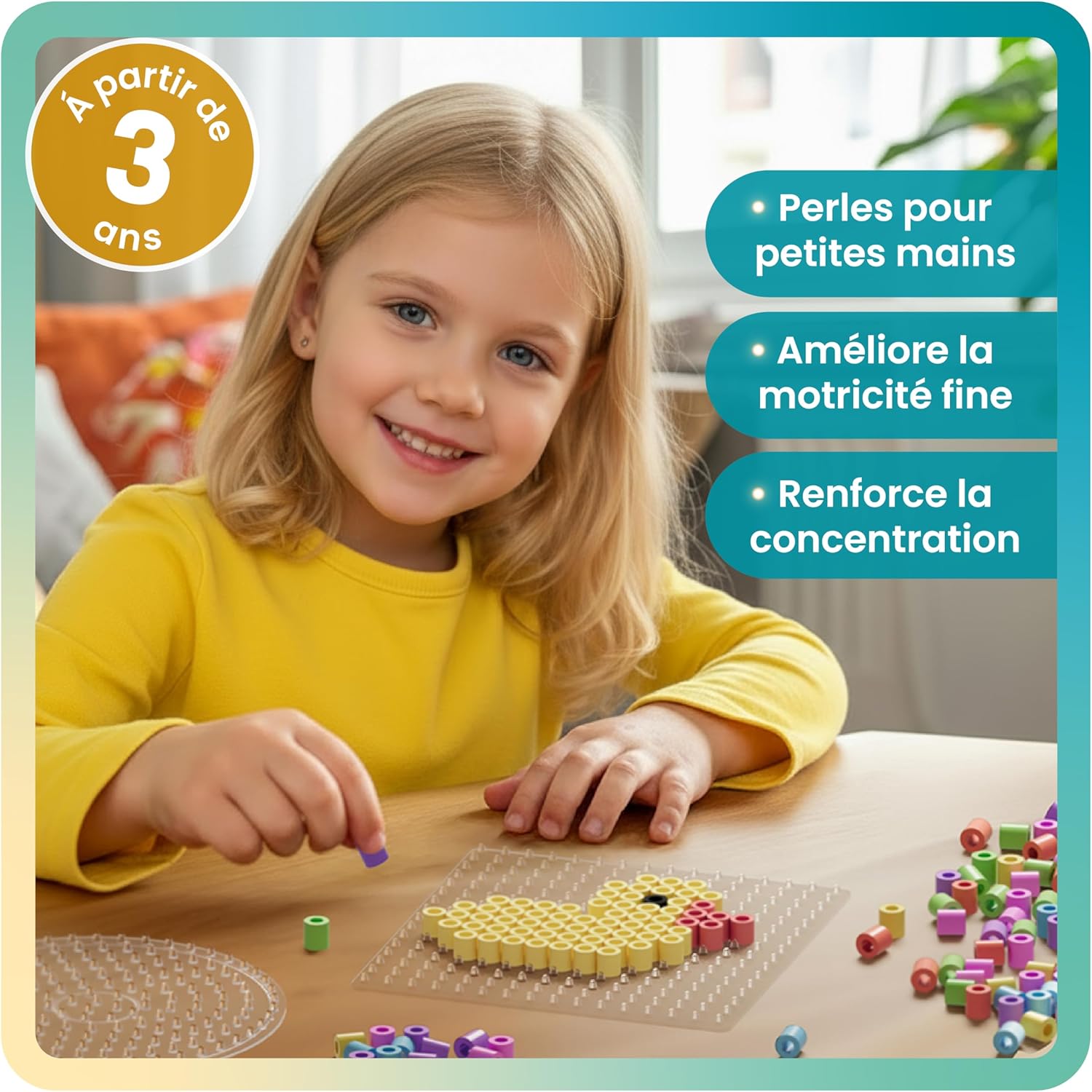 A young child placing a yellow fuse bead onto a transparent pegboard to create a duck design, surrounded by colorful beads. Text indicates 'From 3 years', 'Beads for small hands', 'Improves fine motor skills', and 'Strengthens concentration'.