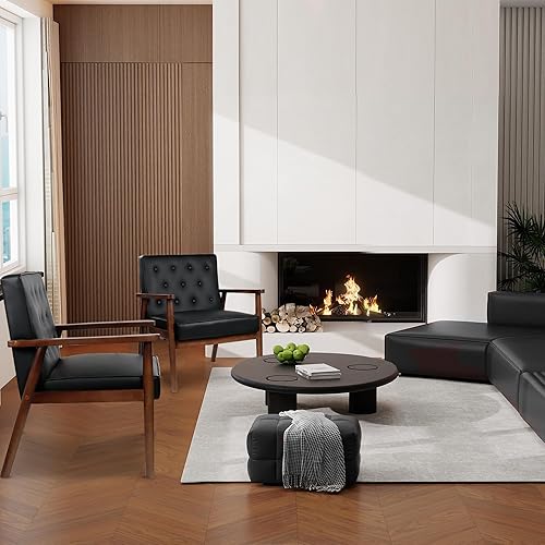 Miniatura 8 de JIASTING Silla decorativa con reposabrazos de madera maciza retro de mediados de siglo, silla tapizada con respaldo copetudo, muebles de sala de