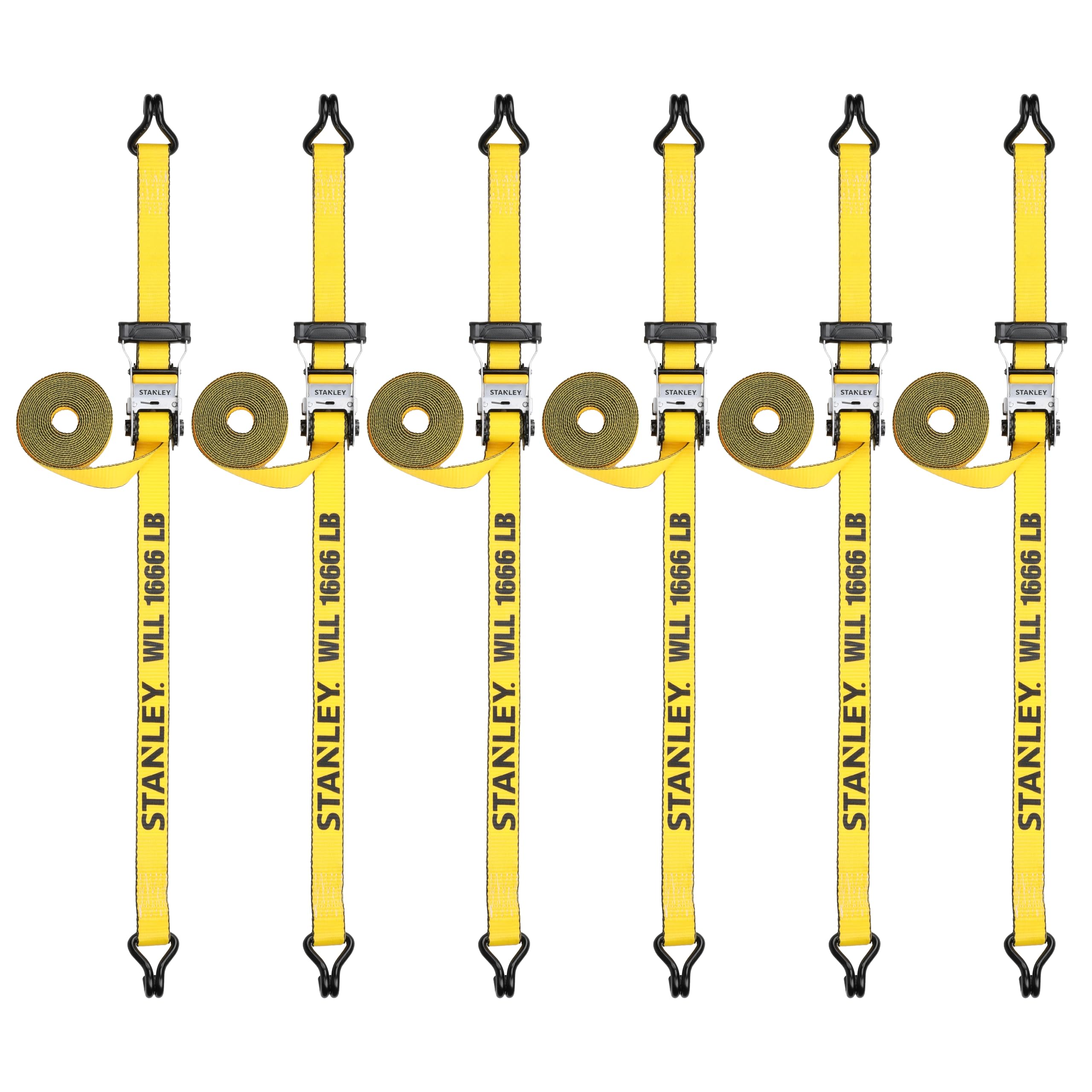 STANLEY S50002-3 Lot de 6 Sangles à cliquet Robustes de 3,8 cm x 4,9 m (résistance à la Rupture de 2,3 kg) Noir/Jaune