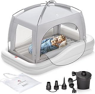 QPAU Inflatable Toddler Travel Bed with Tent, Portable Kids Air Mattress with Safety Sides,