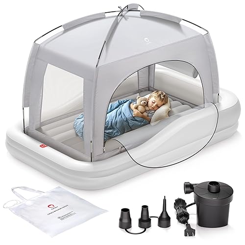 QPAU Inflatable Toddler Travel Bed with Tent, Portable Kids Air Mattress with Safety Sides, Ideal for Home, Grandma's, Camping, Traveling -Includes Fast Electric Pump