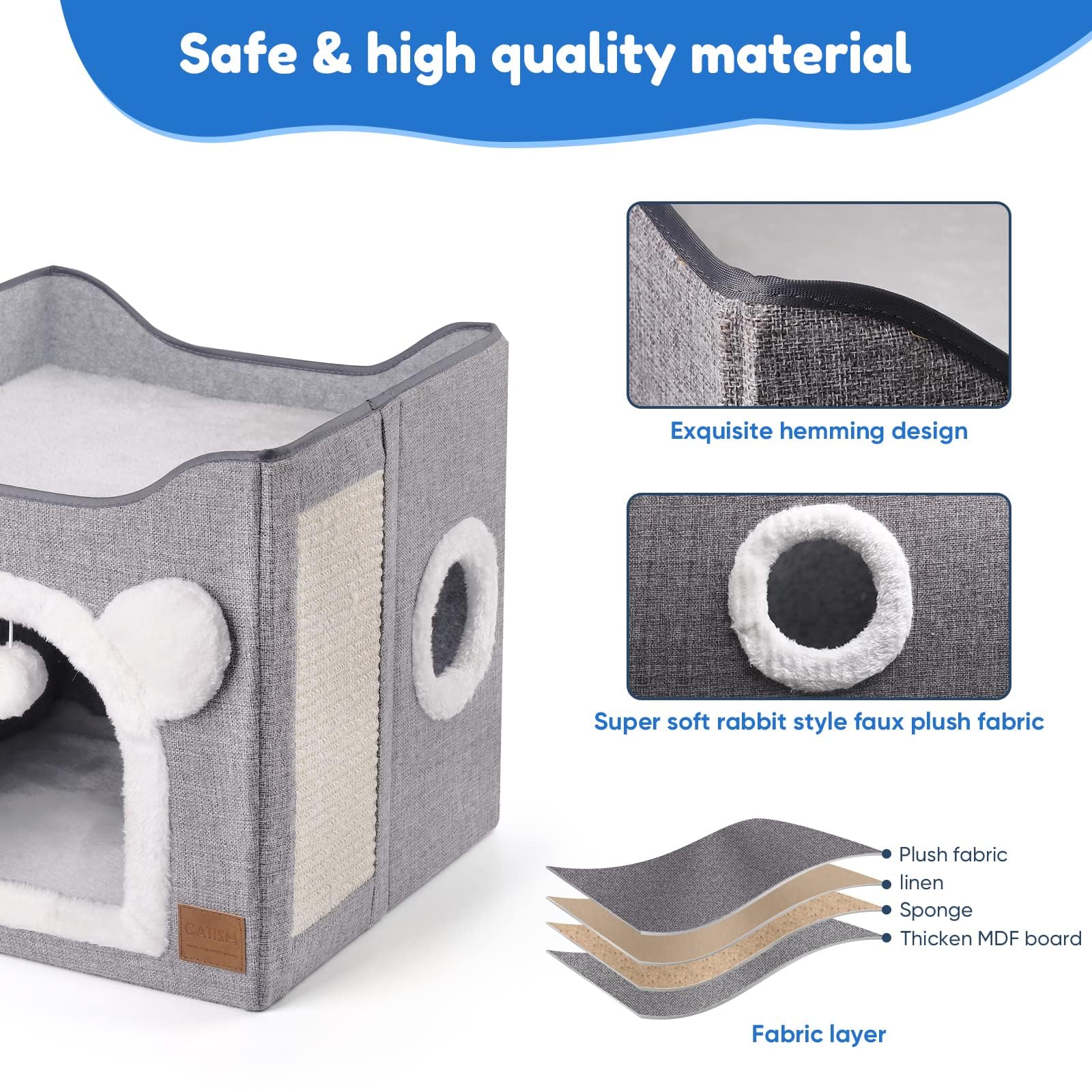 بيت قطط قابل للطي، كهف للقطط من طبقتين، مساحة كبيرة، سرير قطط مع كرة منفوشة معلقة ووسادة خدش للحيوانات الاليفة المتوسطة الحجم، مسند داخلي 40 × 40 × 35 سم (عش قطط رمادي)