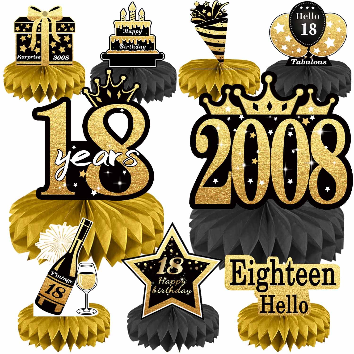 Photo 1 of 18th Birthday Decorations Set, 2008 Table Toppers for Girls Boys Birthday Party Supplies, Happy 18 Year Old Table Decoration for Daughter Son, 9Pcs Black & Gold Honeycomb Centerpieces