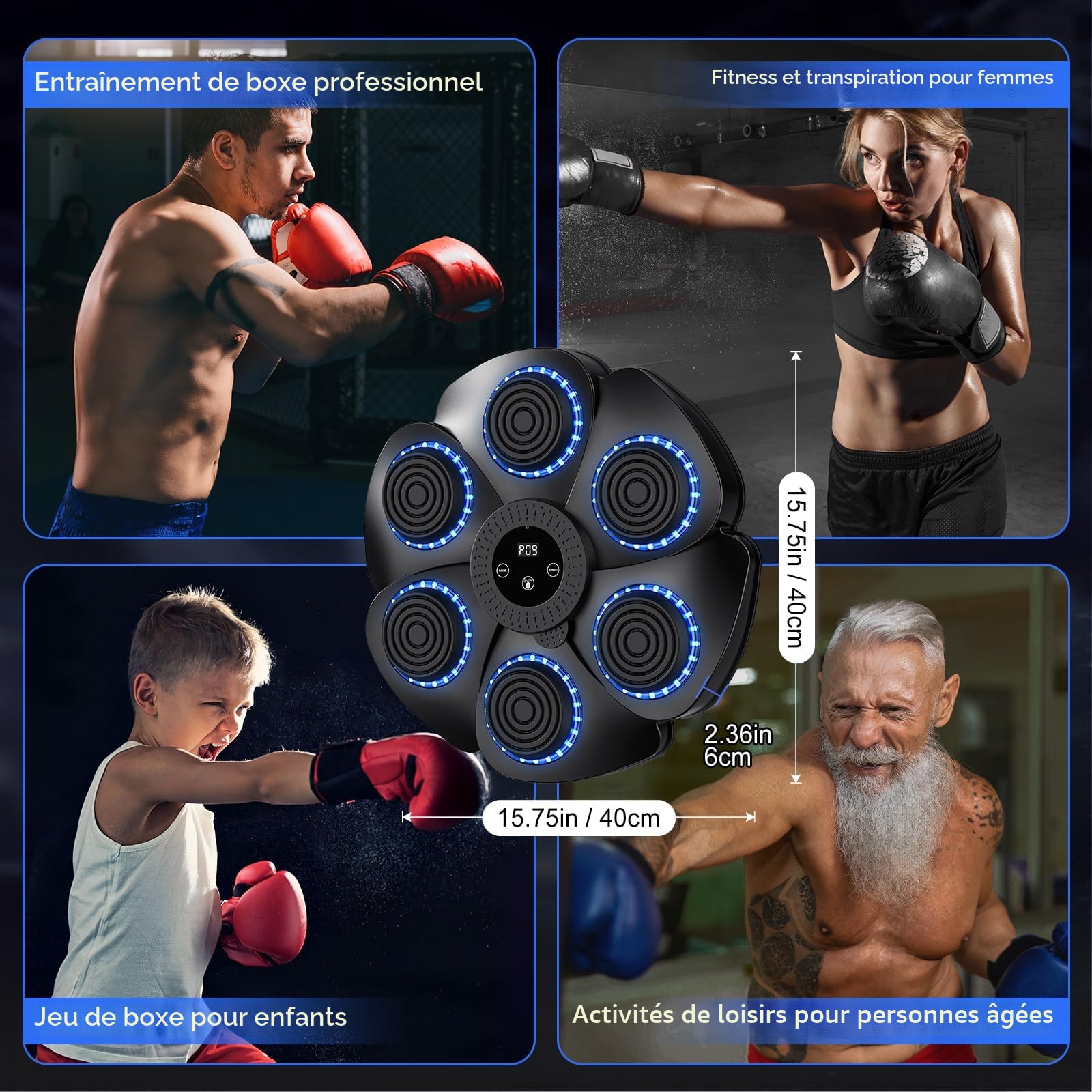 JOPWUE Machine de boxe intelligente à fixation murale avec gants de boxe, 9 modes de vitesse et mode de comptage, machine de boxe musicale pour adultes et enfants, exercice à domicile, bureau