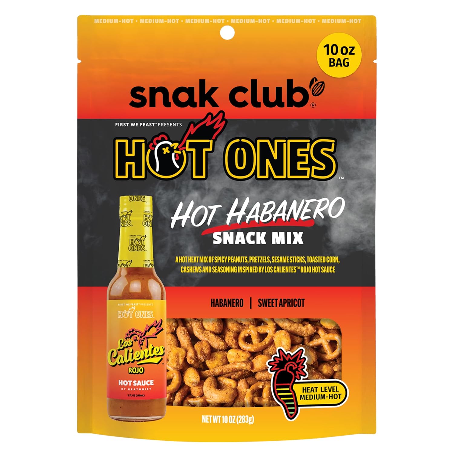 Snak Club x Hot Ones Hot Habanero Snack Mix, Spicy Snacks with Peanuts, Pretzels, Sesame Sticks, Toasted Corn & Cashews, Inspired by Hot Ones Hot Sauce, 10 oz Bag Hot Habanero 10 Ounce (Pack of 1)