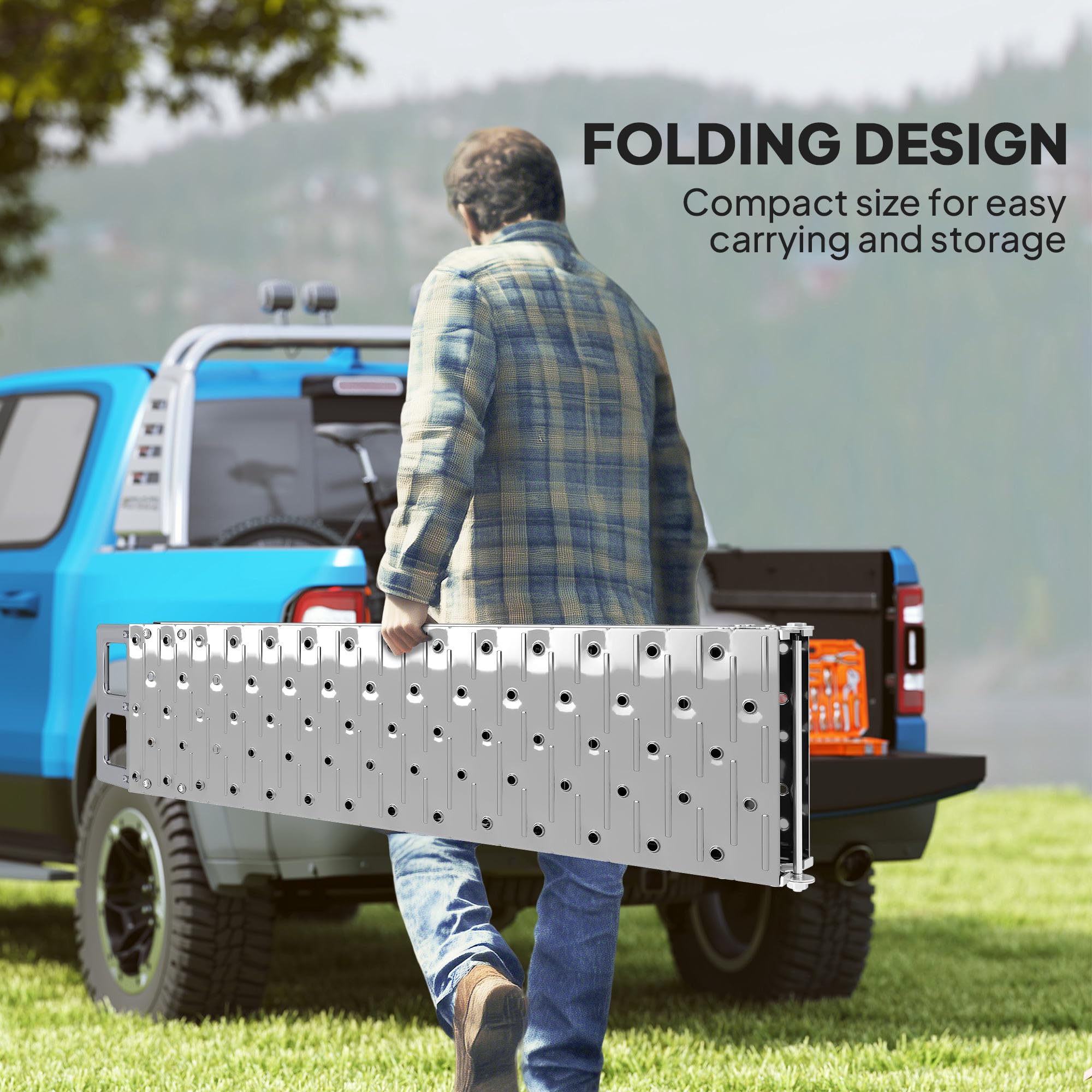 HOMCOM Rampa de carga plegable de acero con carga máxima de 230 kg, que ahorra espacio Rampa antideslizante para motocicletas con ruedas de 22 cm de ancho, para motocicletas y bicicletas, 190x22x8 cm,