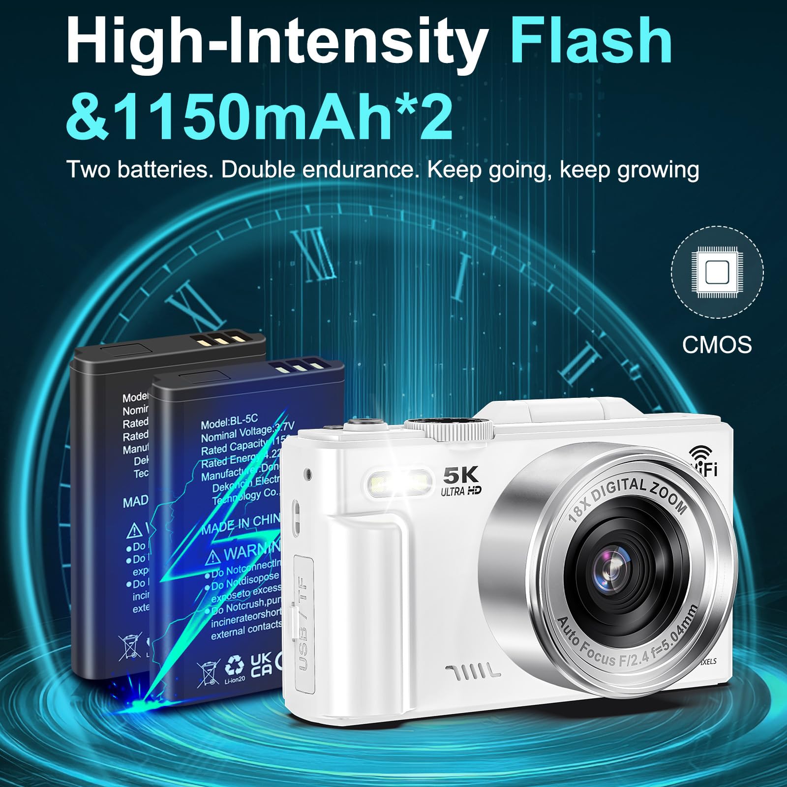 Fotocamera digitale 5K per fotografia, 75 MP, WiFi, per YouTube, fotocamere digitali UHD con zoom 18X e schermo flip da 3 pollici a 180°, fotocamera flash per fotografia di viaggio per principianti e
