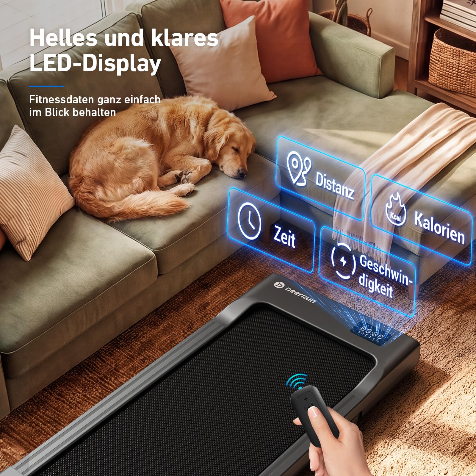 DeerRun Walking Pad mit 6% Steigung, Laufband für Zuhause und Home Office mit App, LED Anzeige und Fernbedienung bis 136 kg