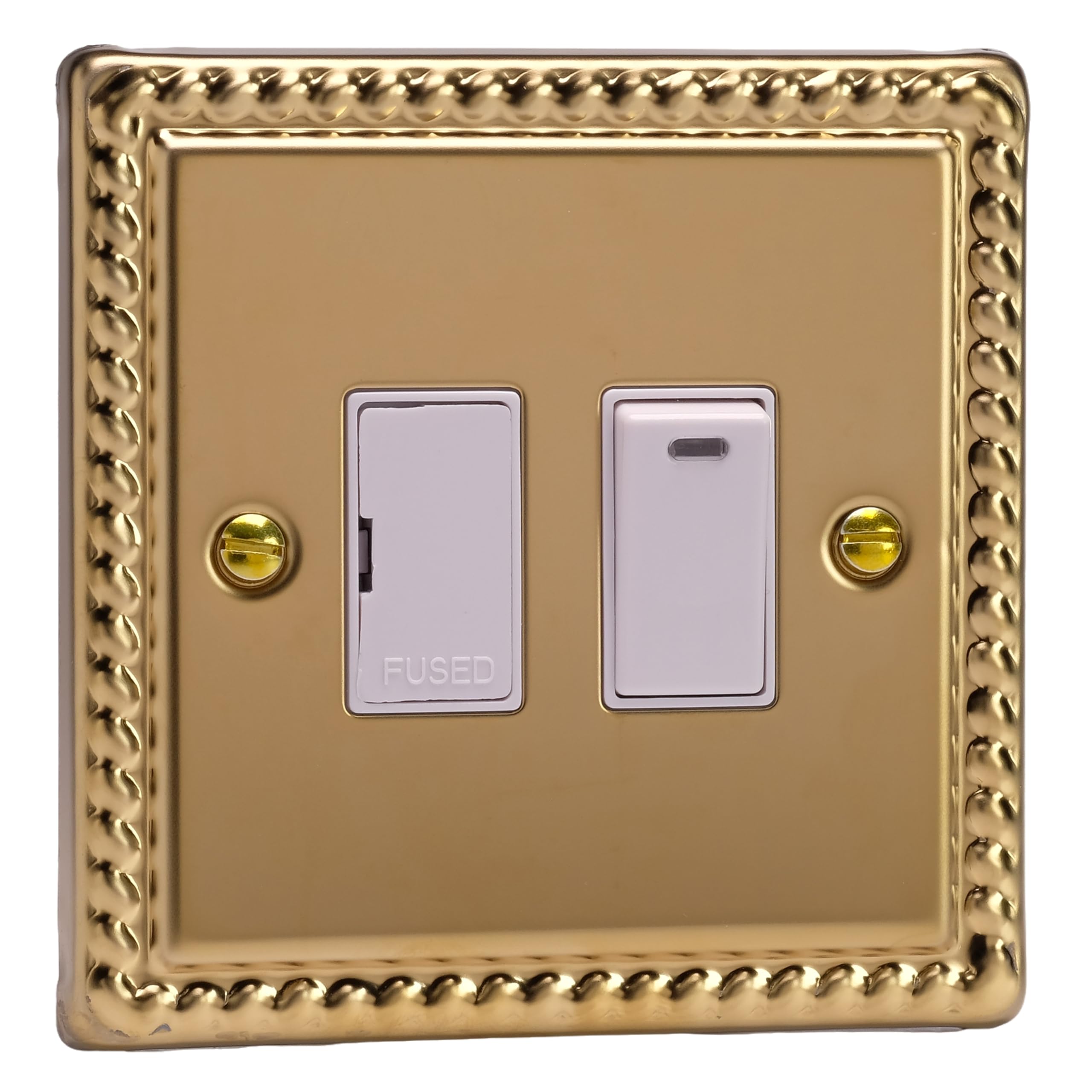 Varilight Switched Fused Spur With Neon - Classic Georgian Brass With White Insert, XG6NW, 95x95x30mm