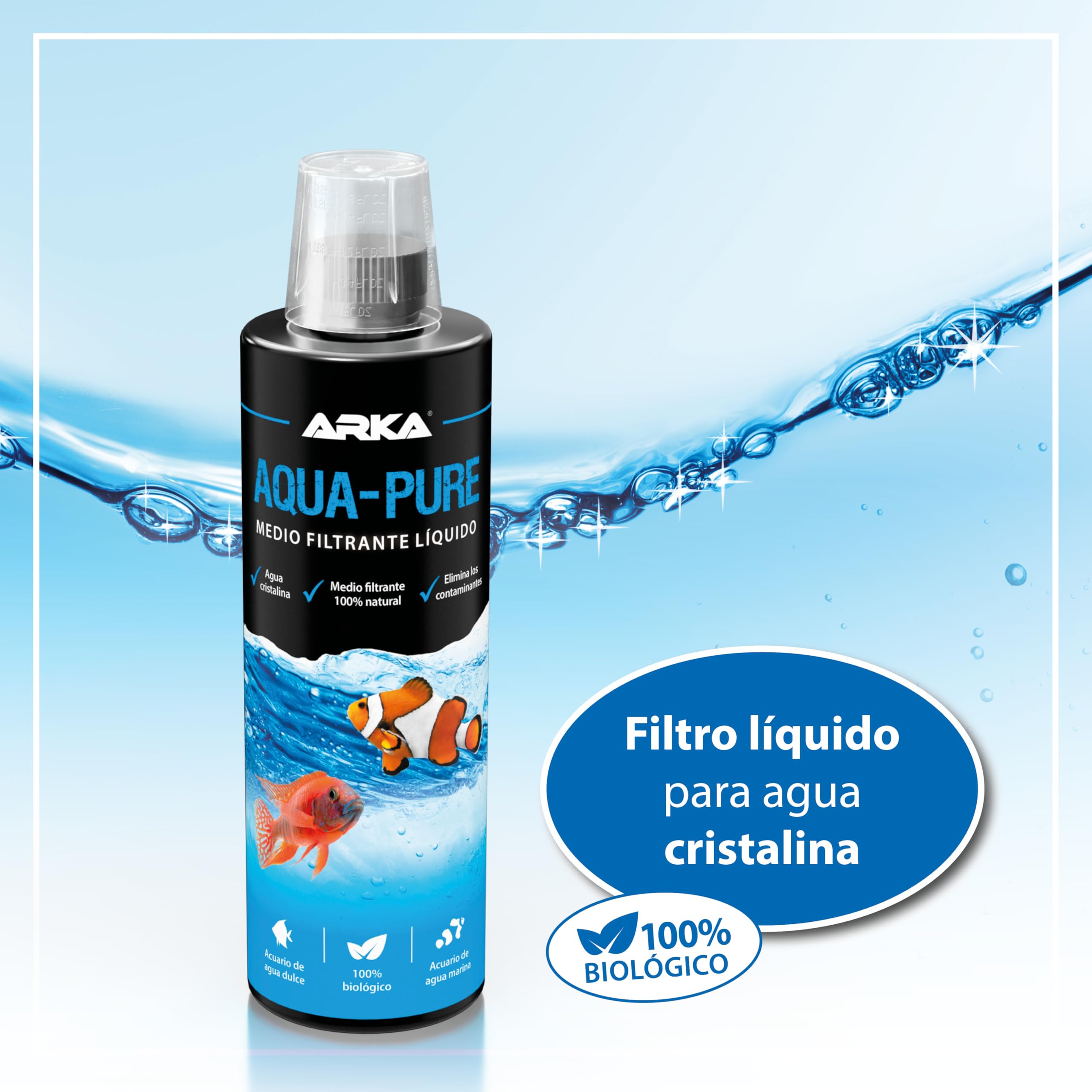 Aclarador de Agua Acuario 118 ml – ARKA Aqua-Pure – Elimina turbidez y residuos – Agua cristalina en acuarios Dulces y Marinos – 100% biológico con bacterias filtrantes – Seguro para Plantas