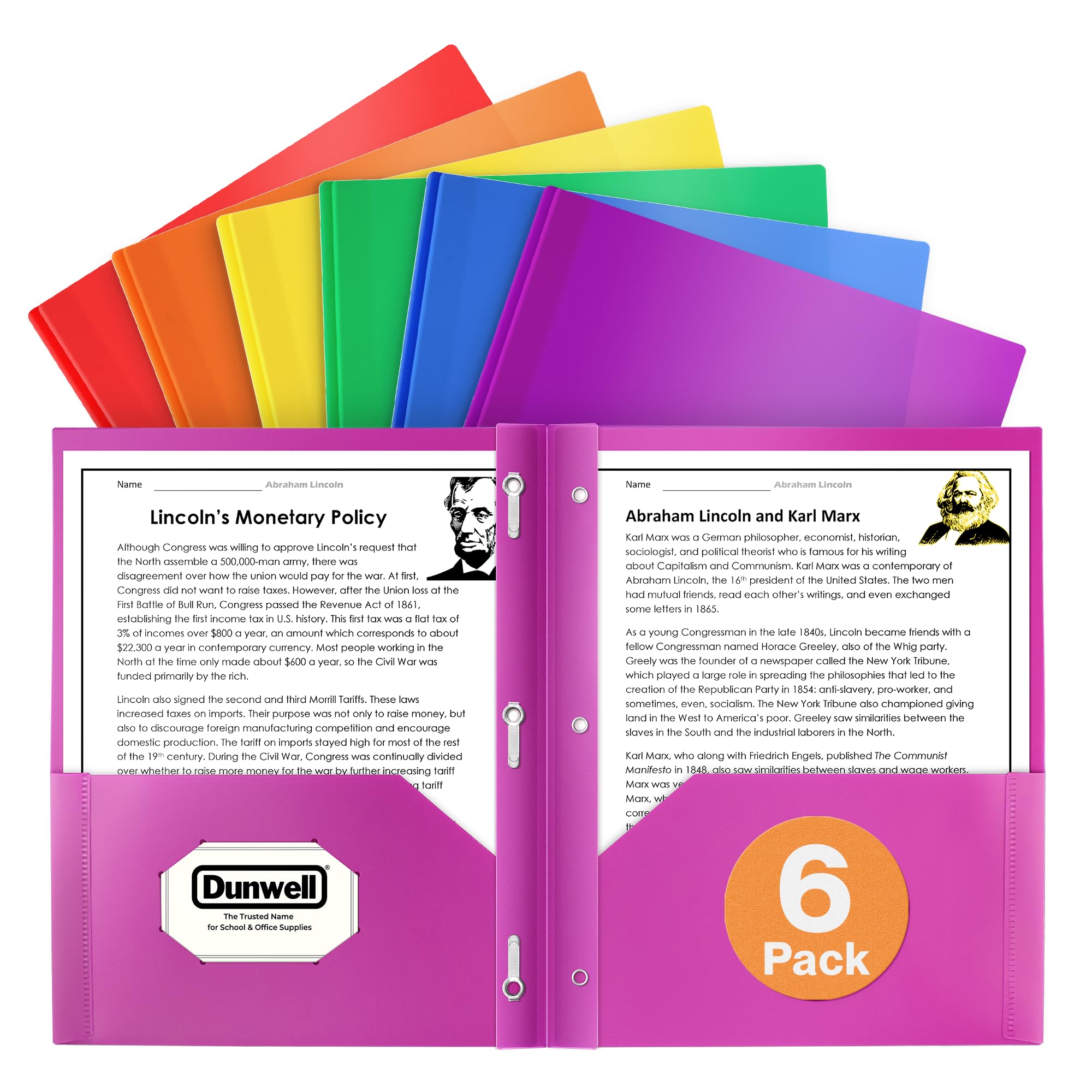 Dunwell Colored 3-Prong Plastic Folders with Pockets (6 Pack, Assorted Colors), Folders with Labels, 2-Pocket School Folders, Pocket Folders with Fasteners, Tear-Resistant, Acid Free