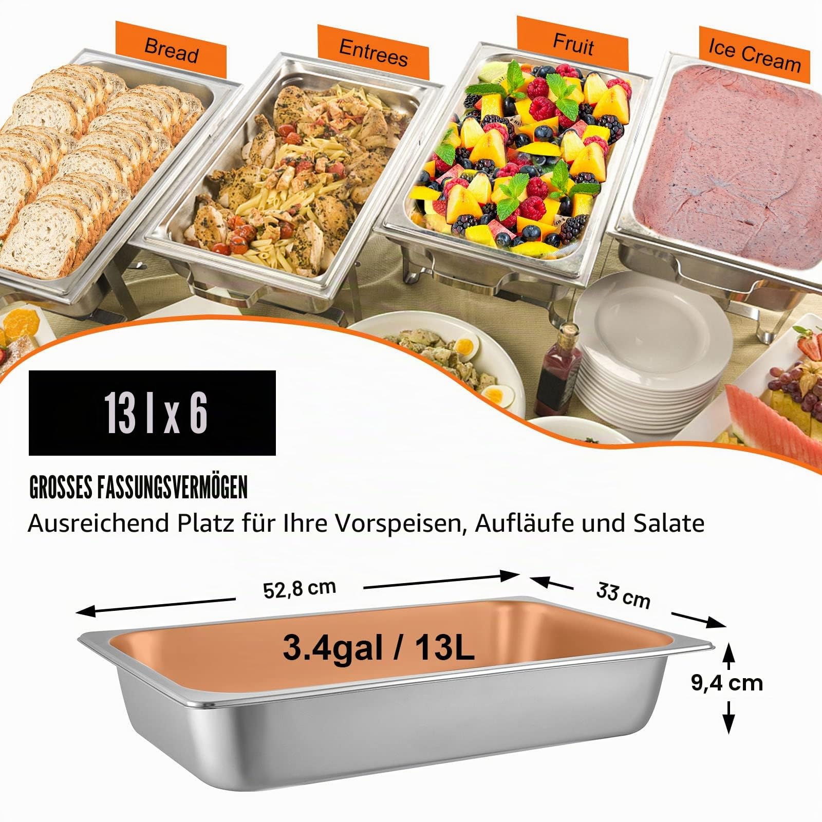 Mophorn GN 1/1 Gastronormbehälter, Edelstahl Behälter 6 Stück, 528 x 330 x 95 mm Speisebehälter, Antihaft Teller, kommerzieller Warmhaltebehälter für Speisen, Torten, Hotelpfanne Tisch Food Pan