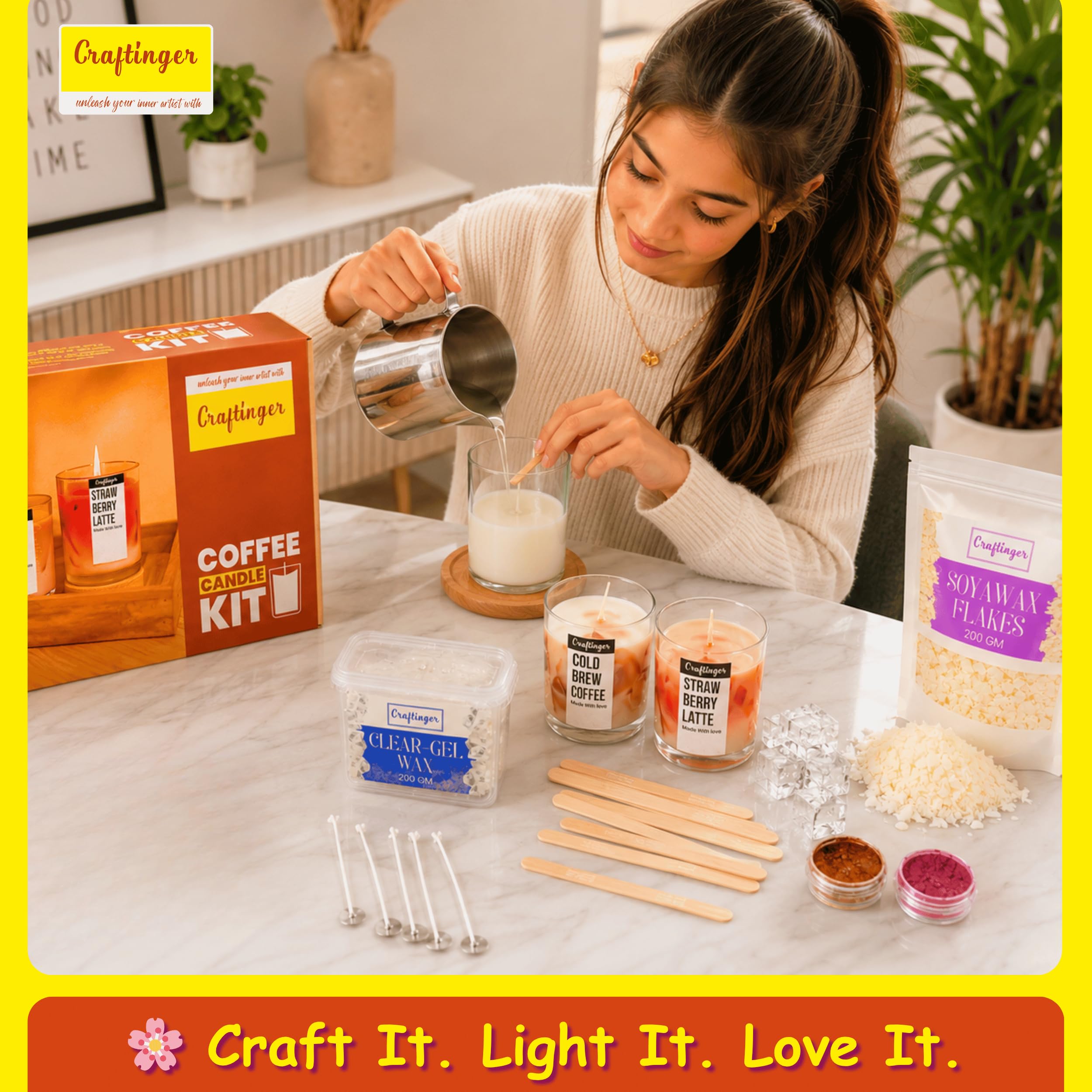 Craftinger DIY Candle Making Kit - Complete Set With 400Gm SOYA Wax, Gel Wax, Jars, Wicks, Pigments, And Labels For Adults & Beginners,Multicolor 2