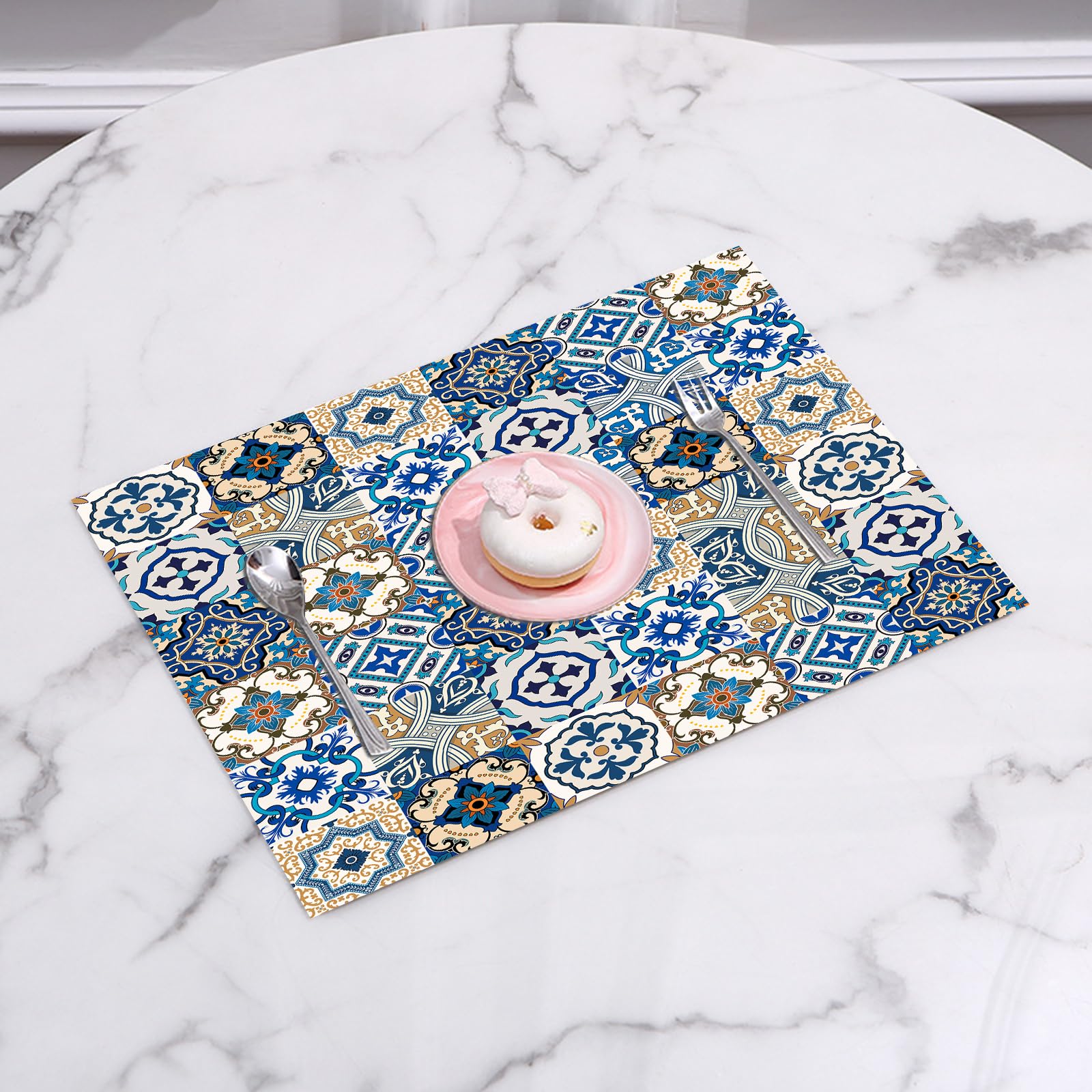 QRFASFZO Table Mats Set of 6, Place Mats Table Placemats Washable Non-slip Heat Insulation Woven Vinyl for,Moroccan, large collection of Portuguese traditional azulejo motifs1,12x18 in