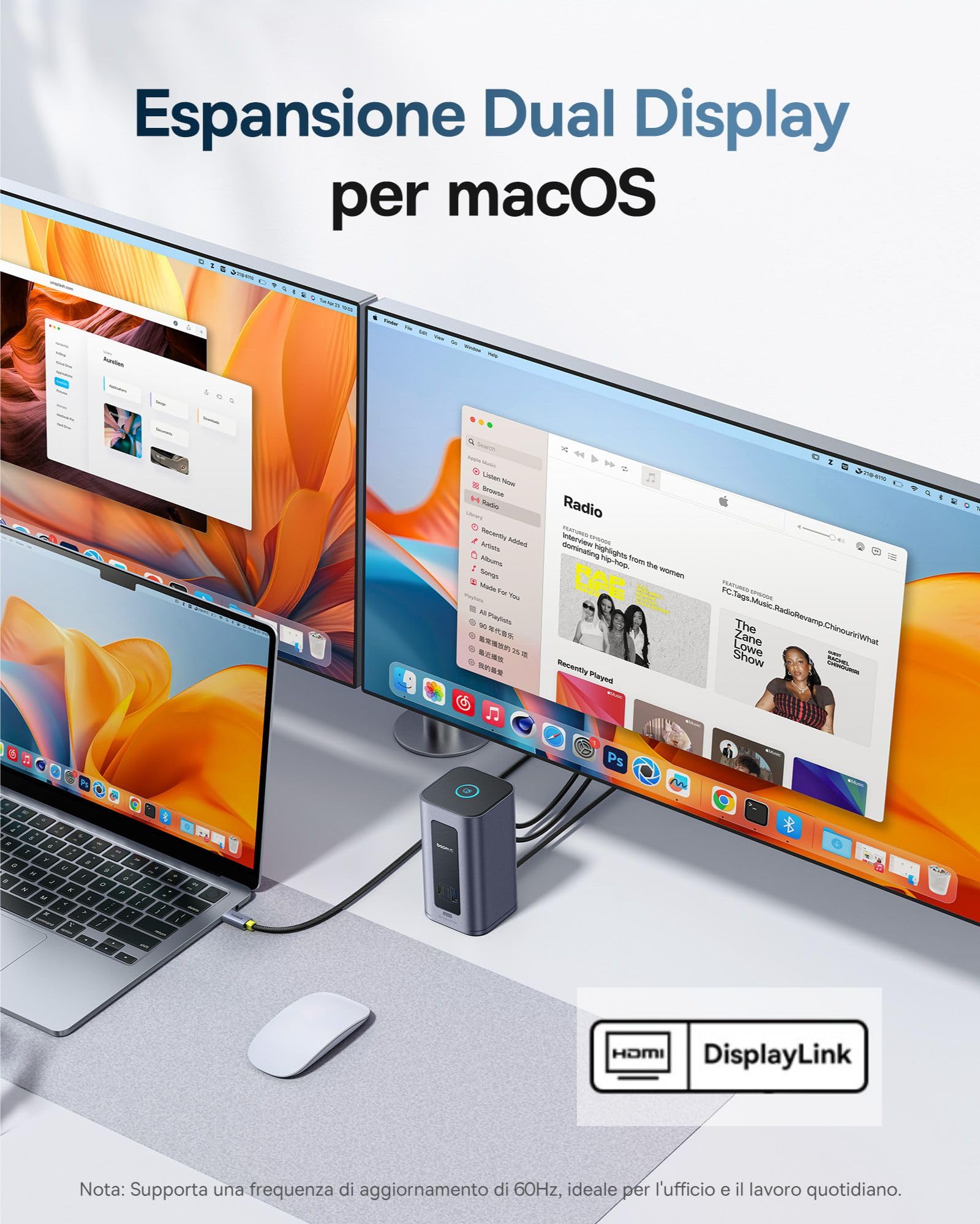 [Driver Displaylink Richiesto] Baseus Docking Station USB-C, Nomos Air Mac 12 in 1, 2 Monitor, 2K HDMI o DP, porte USB 10 Gbps, 100W PD, Ethernet, Compatibile con macOS (senza alimentatore)