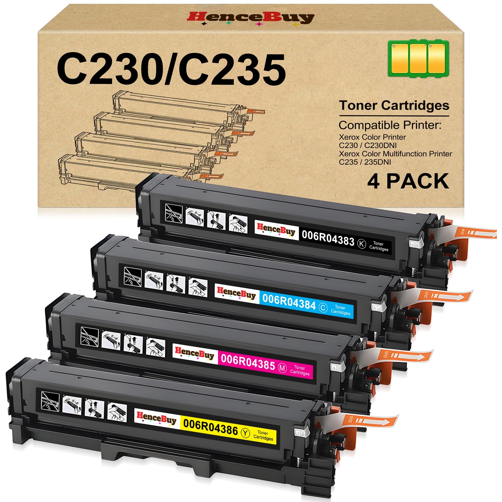 Photo 1 of HenceBuy C230 C235 Toner Cartridge (with Chip) High Capacity Replacement for Xerox 006R04391 006R04392 006R04393 006R04394 Work with Xerox C230 C235 C230DNI C235DNI C225 Printer (4-Pack)