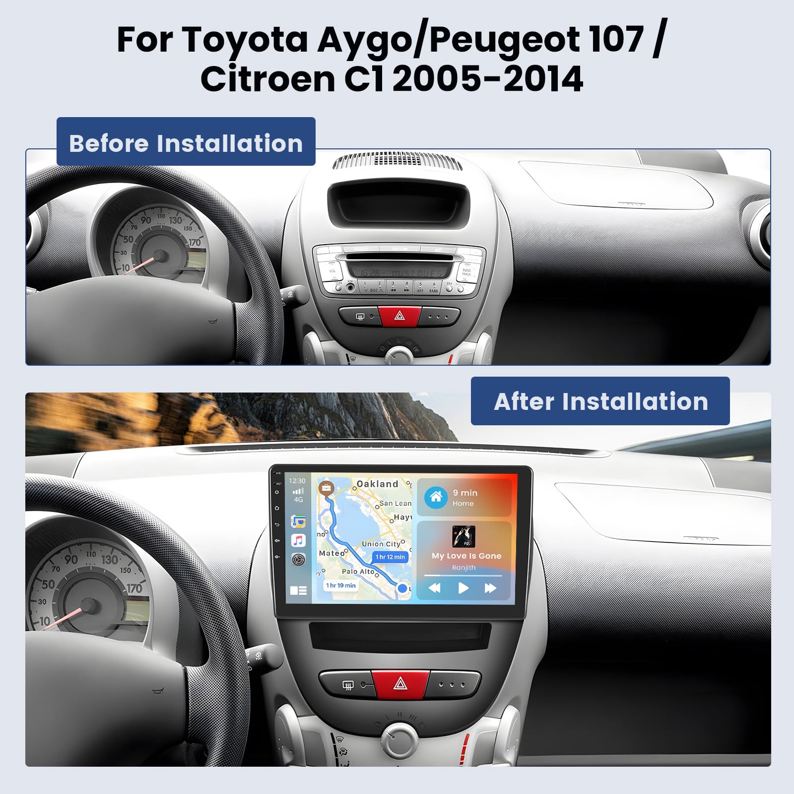 Hikity 2+64G Android 15 Autoradio Toyota Aygo/Peugeot 107 / Citroen C1 2005-2014 Radio Senza Fili Carplay Android Auto Bluetooth 10,1" Schermo Auto Radio con Telecamera GPS Navi WiFi FM RDS SWC MIC