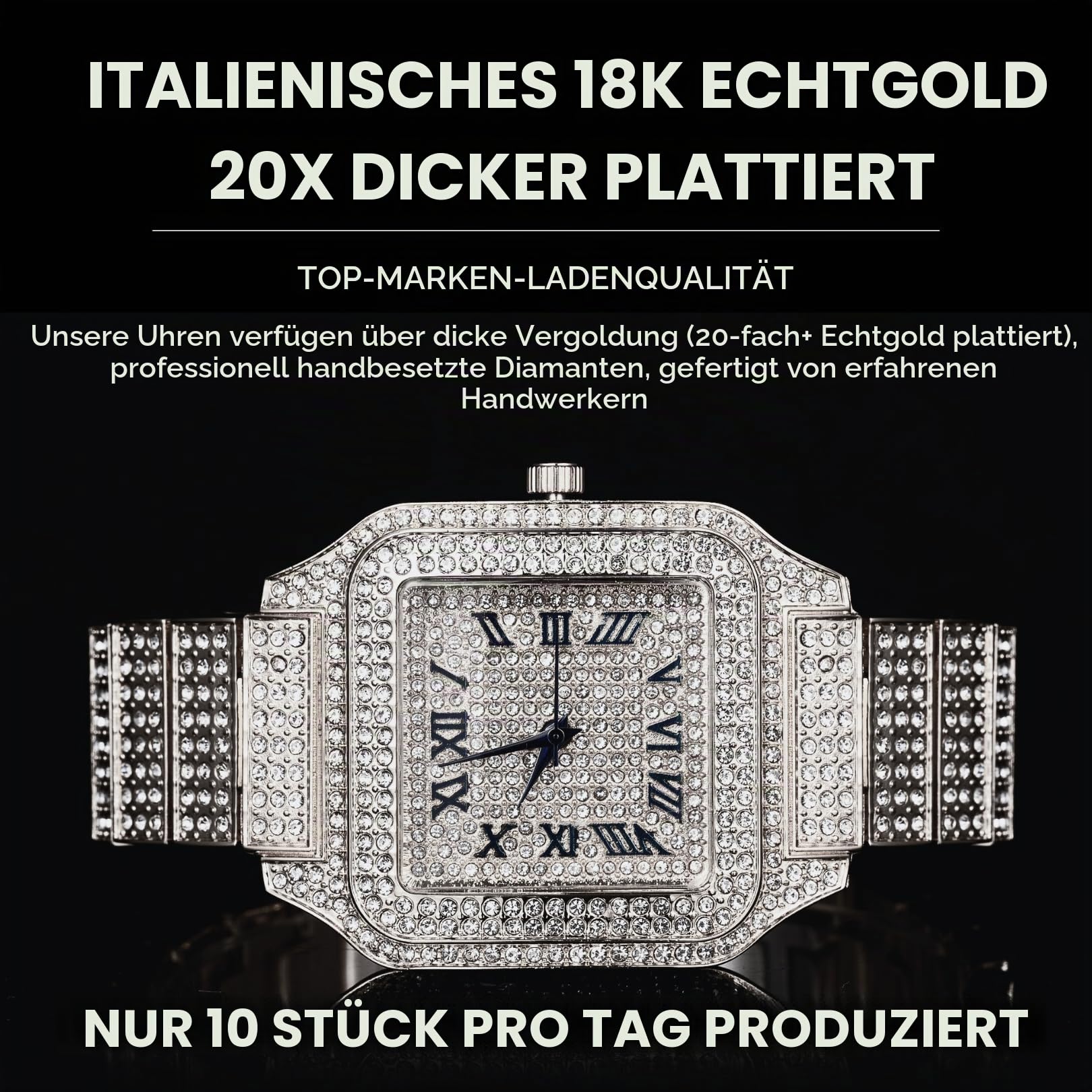 Halukakah Herrenuhr – Moissanit Diamant Iced Out – Luxus 18K Echtgold/Platin-Weißgold Plattiert, 40MM Eckiges Zifferblatt mit Römischen Zahlen, Massiv Gefertigt, 20,5cm Armband – Kommt mit Geschenkbox