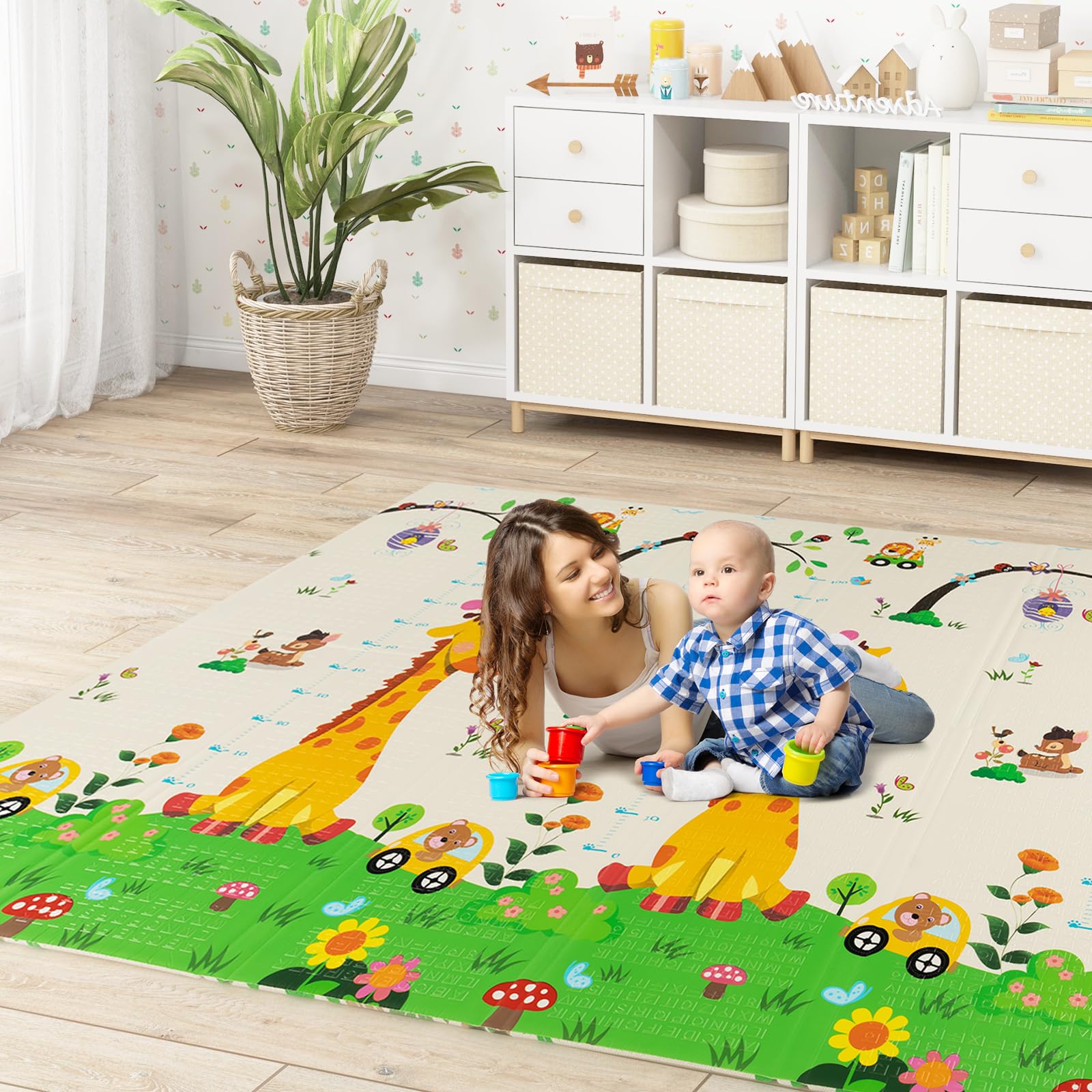 A&M Italia Tappeto Gioco Bambini Pieghevole 200x150cm con Borsa da Trasporto - Tappetino Gattonamento Neonato Sensoriale, Antiscivolo e Impermeabile