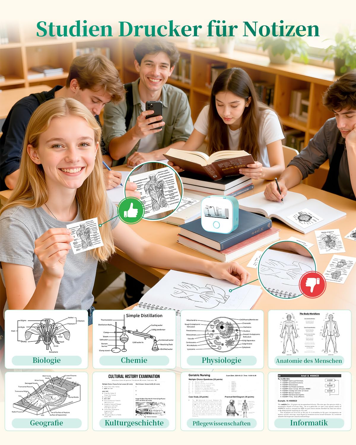Mini Drucker T02 Mini Drucker für Smartphone Fotodrucker Mini Thermodrucker | Bluetooth Etikettendrucker Minidrucker Aufkleber Drucker für Geschenke, Studiennotizen, Anatomische Diagramme, Fotos