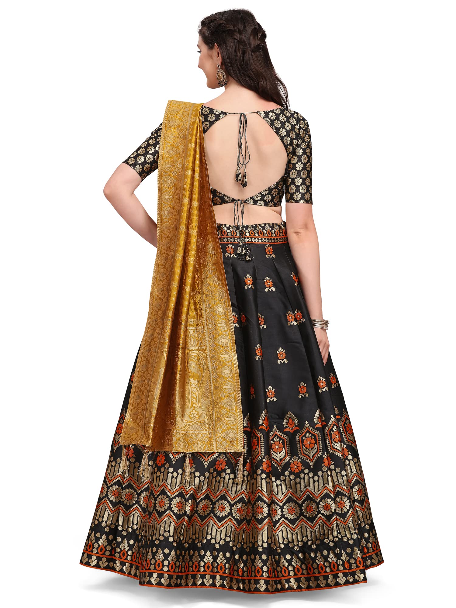 Purvaja Women's Jacquard Semi-Stitched Lehenga Choli (Keshvi-Black_Black_Free Size)